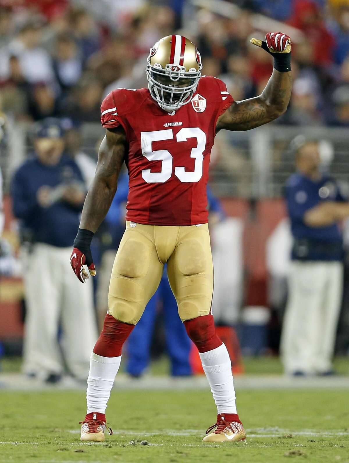 San Francisco 49ers' NaVorro Bowman against Los Angeles Rams during NFL game at Levi's Stadium in Santa Clara, Calif., on Monday, September 12, 2016.