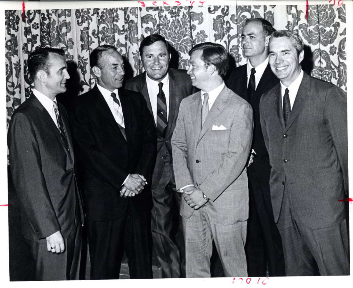 05/22/1969 - (L-R): Jimmy Brill (president, State Junior Bar); Judge Wallace C. "Pete" Moore; Richard "Racehorse" Haynes; Dick Deguerin; Carol Vance (Harris County District Attorney); Frank Briscoe (former Harris County District Attorney) - honored Judge Moore with a testimonial dinner at the Rice Hotel.