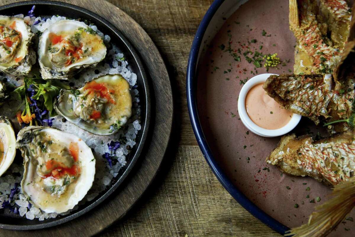 Wood-broiled oysters and snapper throats are specialties at Southerleigh Fine Food & Brewery at The Pearl.