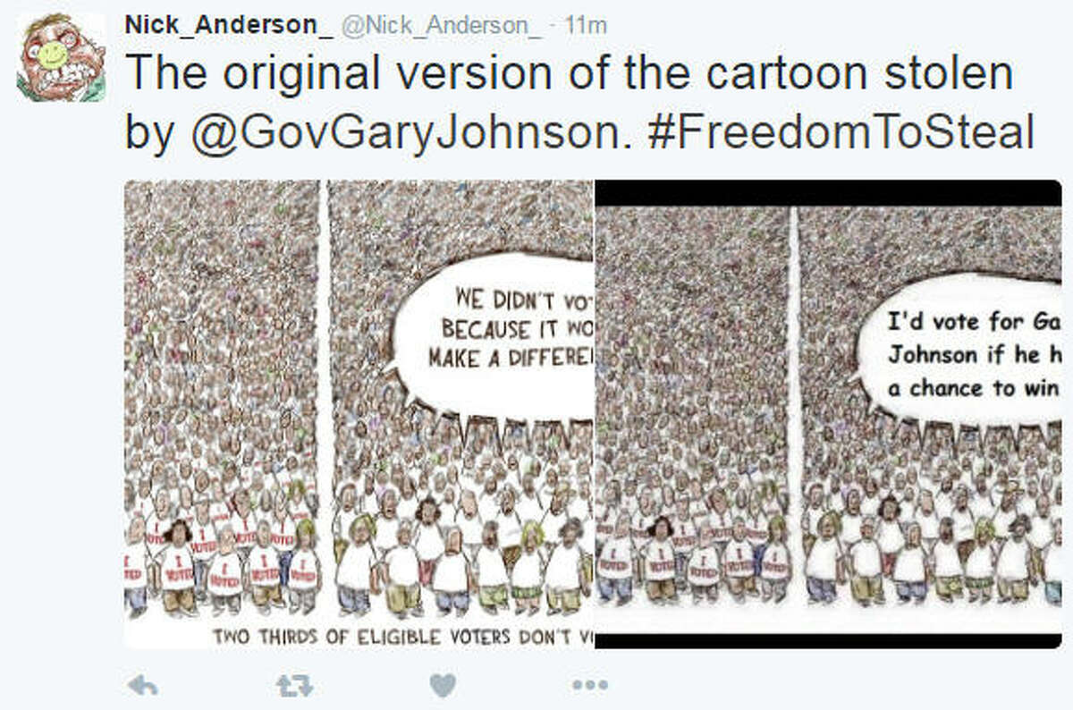 Houston Chronicle cartoonist Nick Anderson placed his original cartoon on Twitter next to an altered version posted earlier Wednesday by Libertarian presidential candidate Gary Johnson. Anderson also called Johnson a "thief."