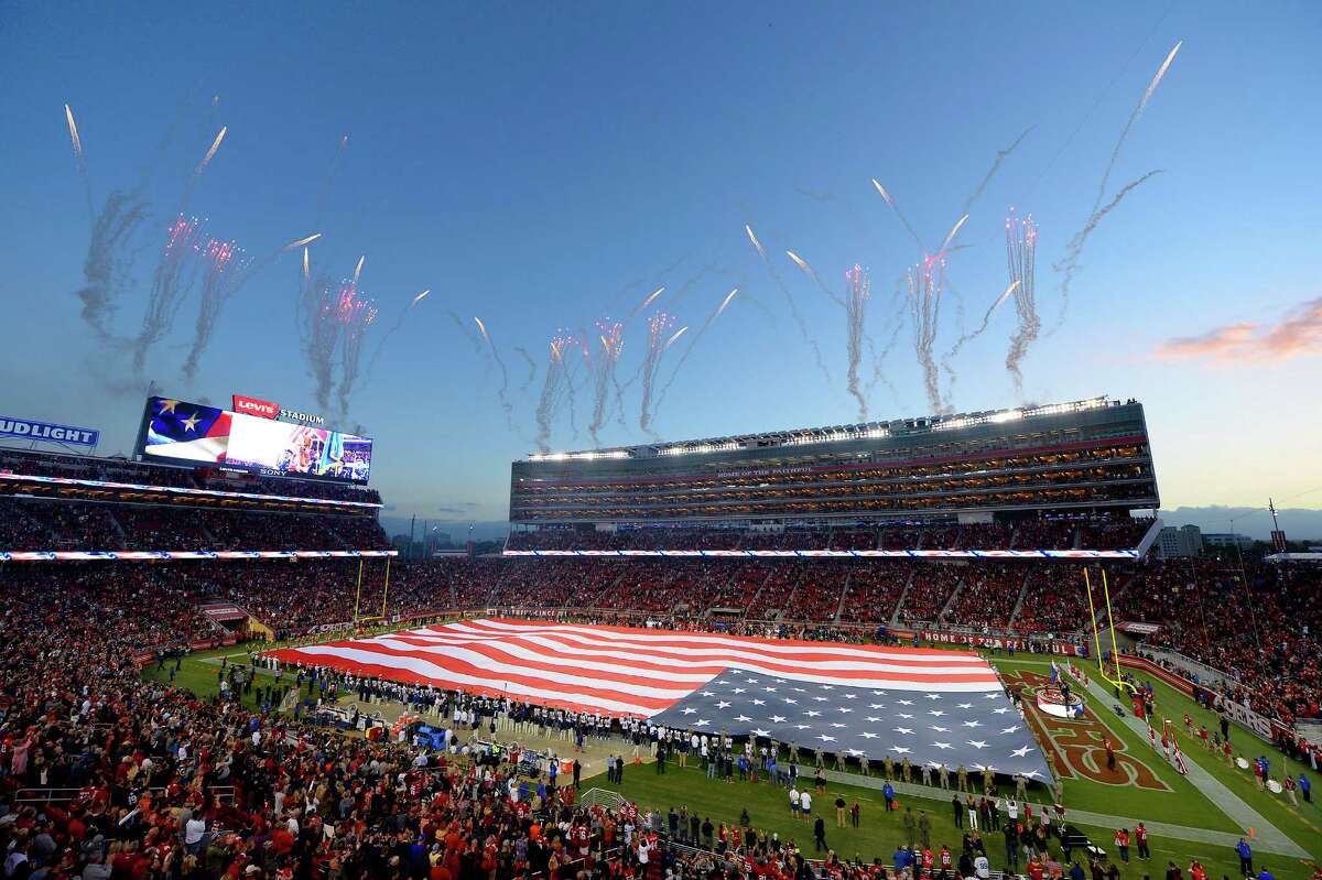 Fireworks explode in the air during the playing of the national anthem before the San Francisco 49ers and Los Angeles Rams game on Monday, Sept. 12, 2016 at Levi's Stadium in Santa Clara, Calif. (Jose Carlos Fajardo / Bay Area News Group/TNS)
