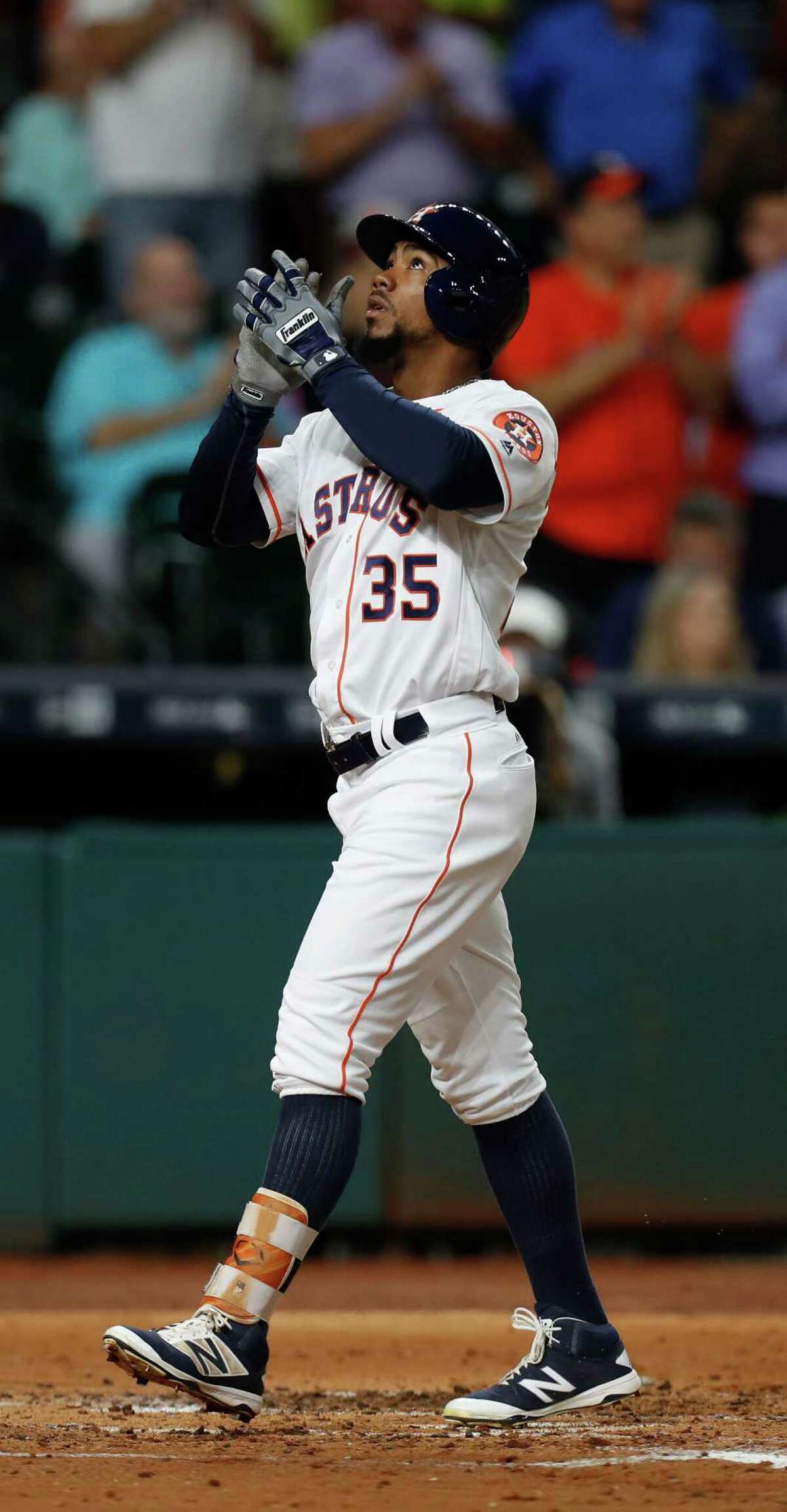 Houston Astros center fielder Teoscar Hernandez (35) reacts after hitting a two-run home run during the second inning of an MLB game at Minute Maid Park, Wednesday, Sept. 14, 2016 in Houston.