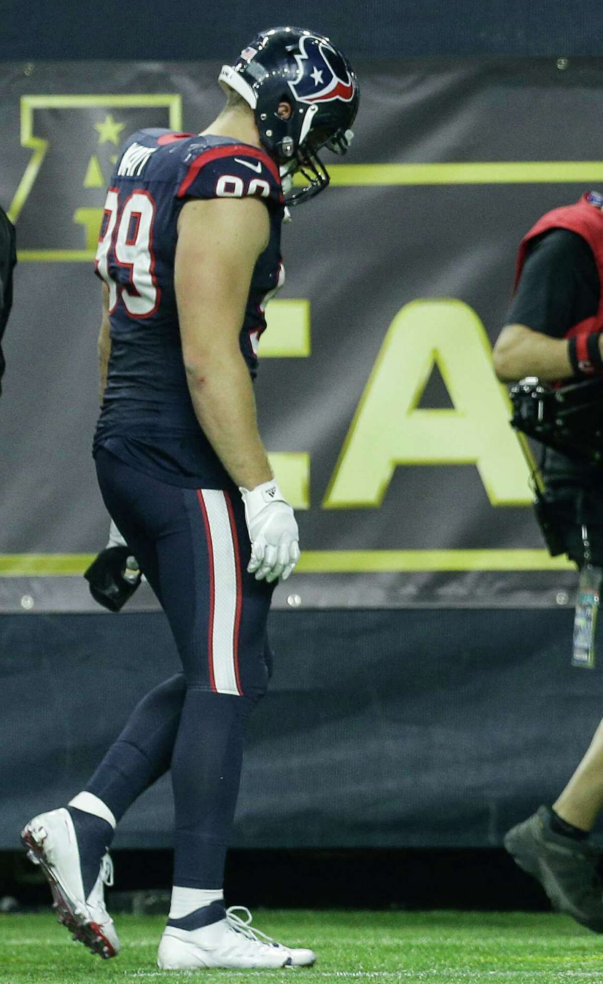 J.J. Watt gingerly leaves the field after suffering a groin injury during the Texans' playoff loss to the Chiefs last season.