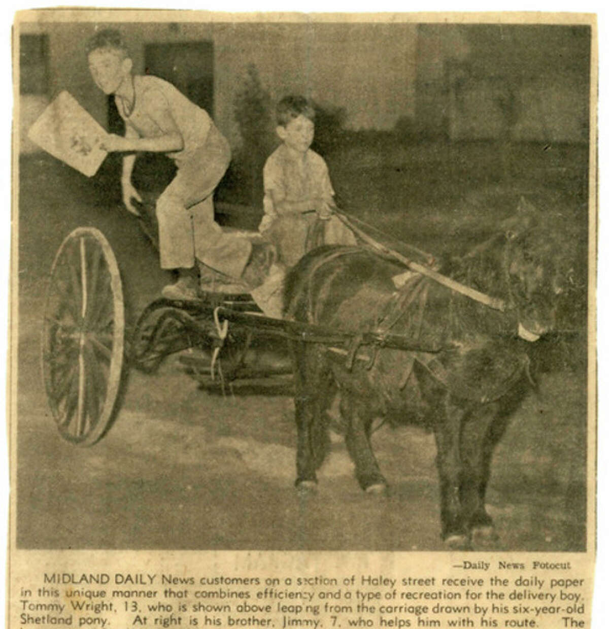 Daily News photo/Copy courtesy of Tom Wright 70 years ago: Midland Daily News customers on a section of Haley Street receive the daily paper in this unique manner that combines the efficiency and a type of recreation for the delivery boy. Tommy Wright, 13, is shown leaping from carriage drawn by his 6-year-old Shetland pony. At right is his brother, Jimmy, 7, who helps with the route.