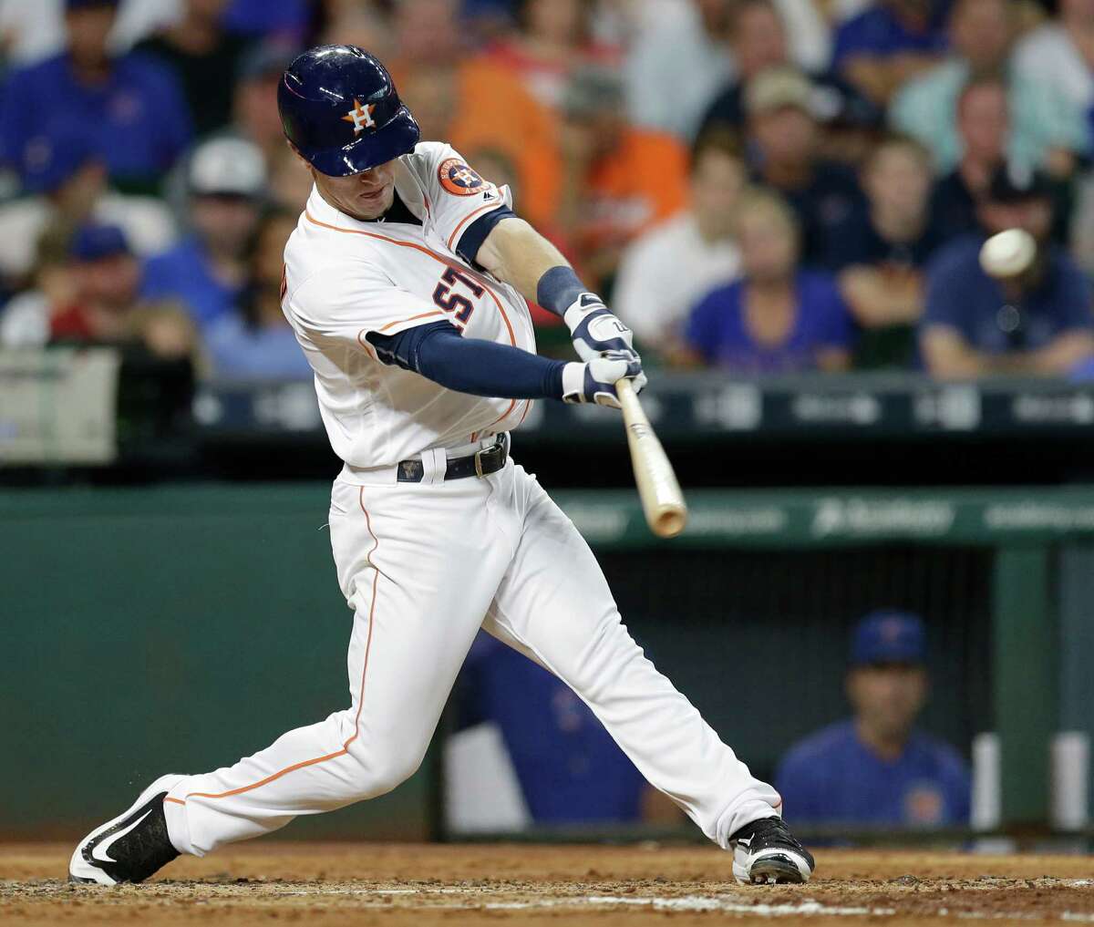 Houston Astros Alex Bregman hits a home run against Chicago Cubs during the third inning at Minute Maid Park Saturday, Sept. 10, 2016, in Houston. ( Melissa Phillip / Houston Chronicle )