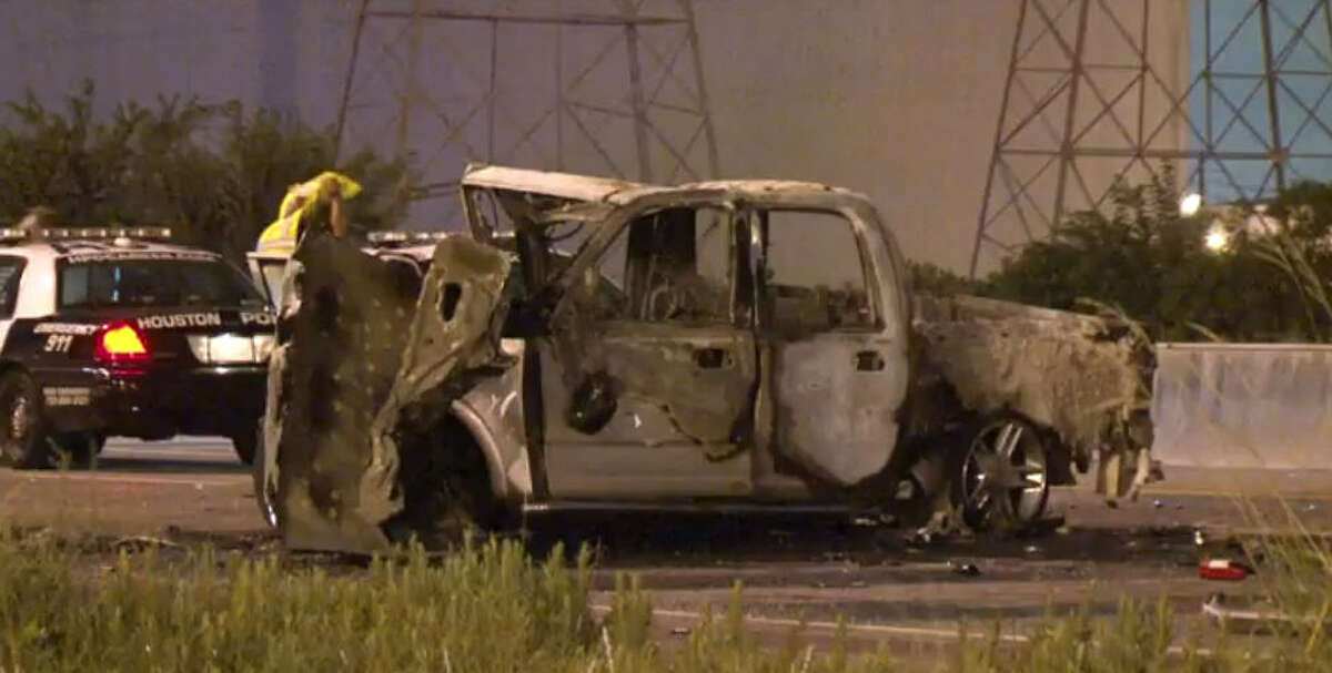 One person died and another was injured in a fiery crash about 2:30  a.m. Friday, Sept. 16, 2016, when a wrong-way driver slammed head-on into a car on the La Porte Freeway near Allen Genoa in southeast Houston, forcing officials to shut down the freeway in both directions for hours.  (Metro Video)