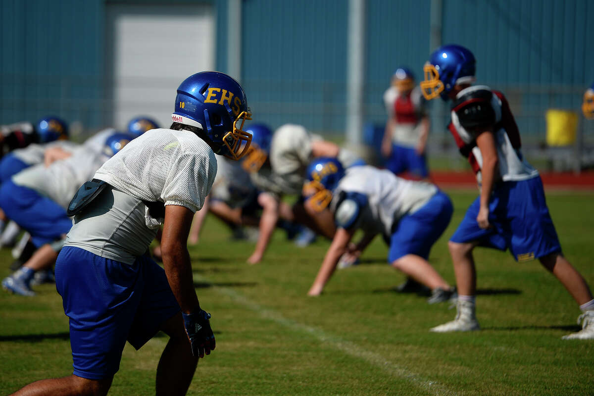 Evadale wide receiver Kolten Mackey lines up to run a route during practice on Wednesday afternoon. Photo taken Wednesday 9/14/16 Ryan Pelham/The Enterprise