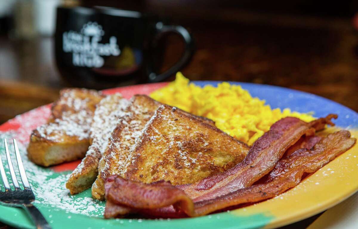 French toast with scrambled eggs and bacon at The Breakfast Klub
