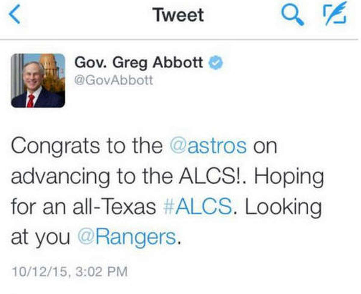 Gov. Greg Abbott's office sent this tweet during Game 4 of the 2015 AL Division series congratulating the Astros on their victory. Except the game wasn't over and Kansas City came back to win and took the series in five games. The tweet was promptly deleted.