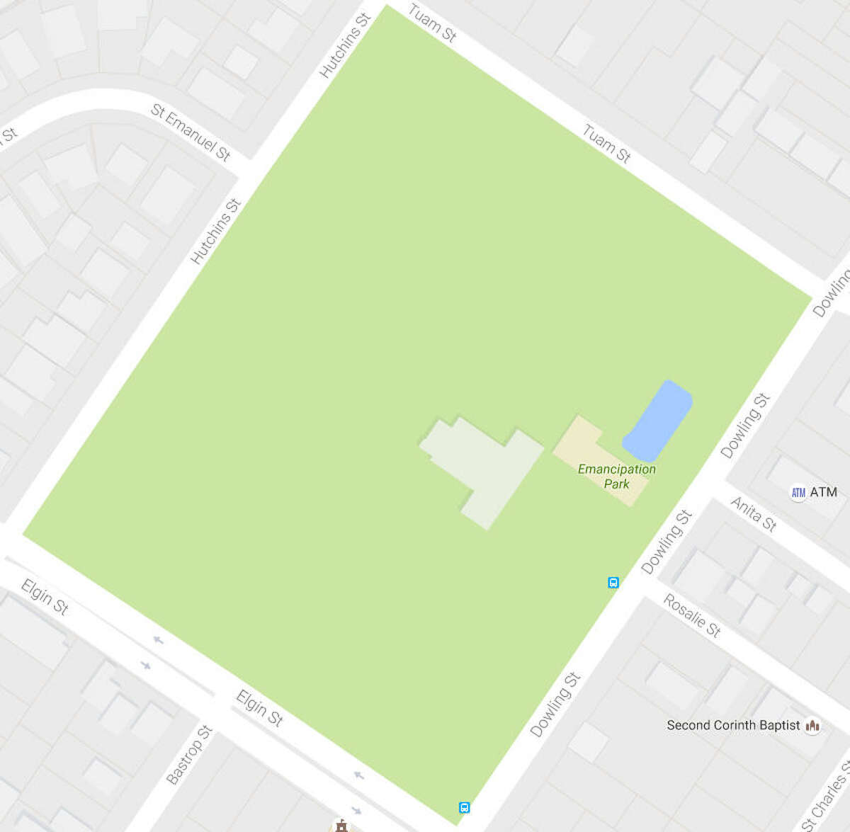 A Google map shows Emancipation Park in Houston's Third Ward. The park was named to commemorate the freeing of slaves after the Civil War. 