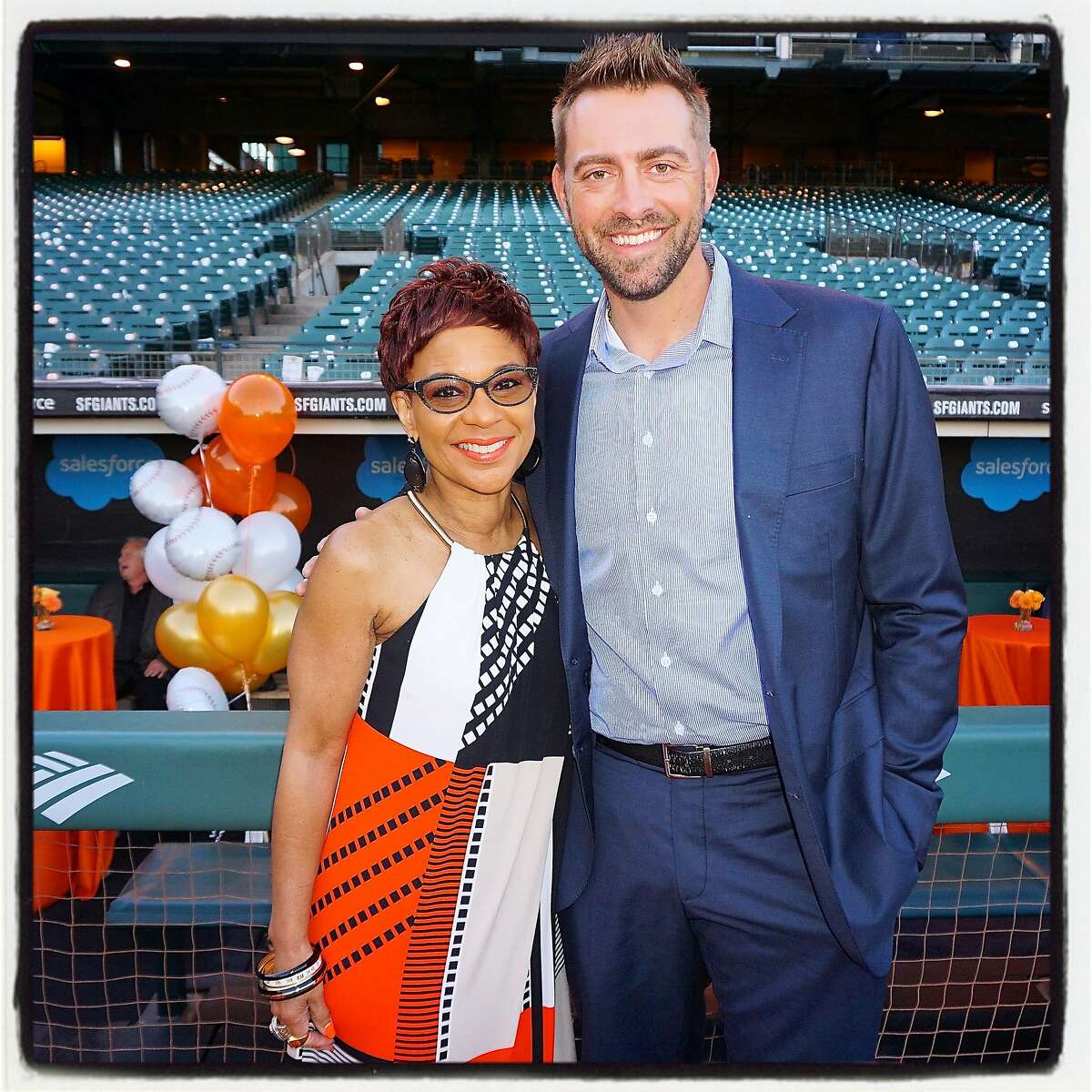 SF Giants announcer Renel Brooks-Moon and former Giants pitcher Jeremy Affeldt at AT&T ballpark to assist their good friend Buster Posey raise money for pediatric cancer research. Sept 2016.