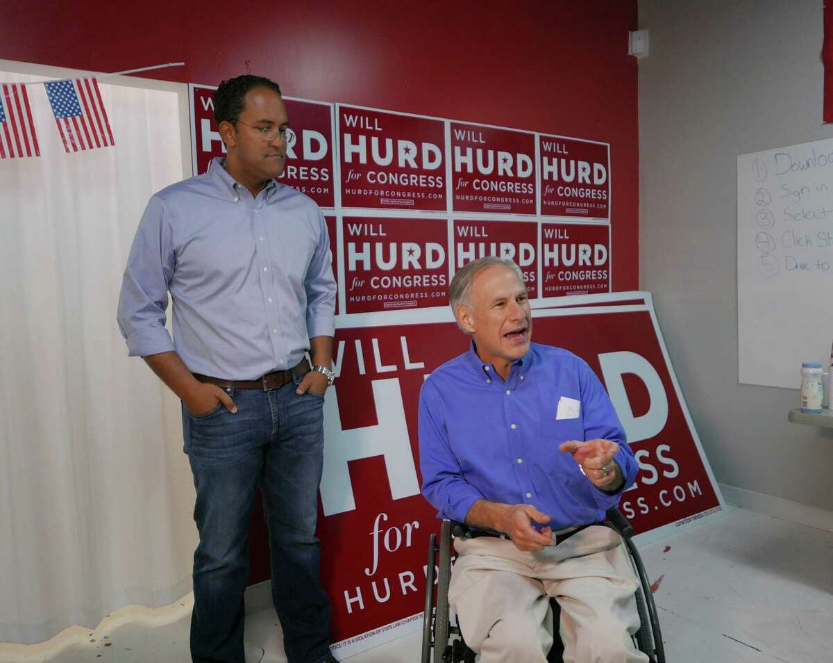 Texas Gov. Greg Abbott speaks on behalf of U.S. Rep. Will Hurd, left, at Hurd's campaign headquarters near Loop 1604 at Huebner on SaturdayIncumbent Hurd is battling against former Congressman Pete Gallego in one of the most closely watched U.S. House races in the nation.