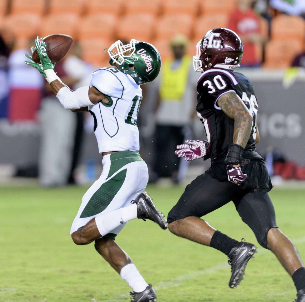Grant Simms (15) of the Mississippi Valley State Devils bobbles a pass in the second half against the TSU Tigers in a SWAC college football game on Saturday, September 17, 2016 at BBVA Compass Stadium in Houston Texas.