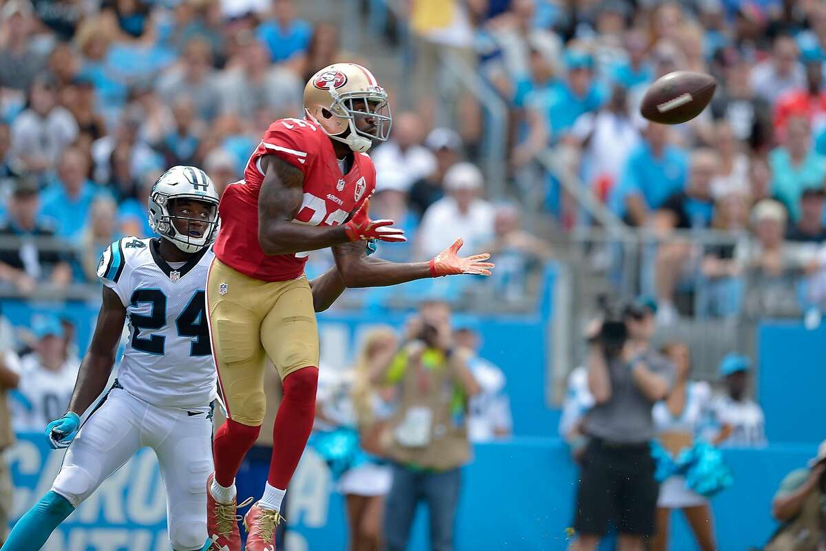 CHARLOTTE, NC - SEPTEMBER 18: Torrey Smith #82 of the San Francisco 49ers makes a touchdown catch against James Bradberry #24 of the Carolina Panthers during the game at Bank of America Stadium on September 18, 2016 in Charlotte, North Carolina. (Photo by Grant Halverson/Getty Images)
