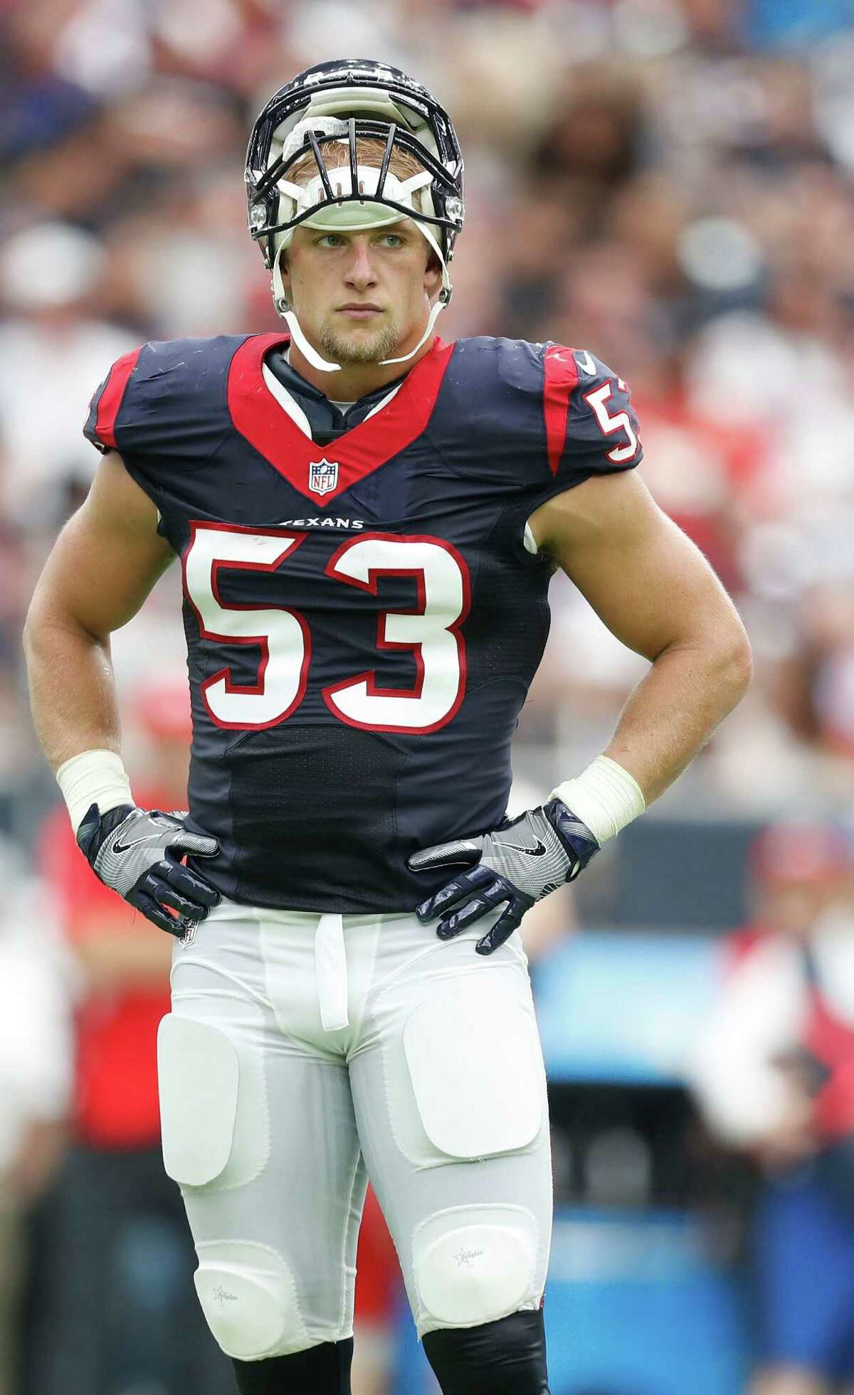 Houston Texans inside linebacker Max Bullough (53) during a time out in the second quarter of an NFL football game at NRG Stadium, Sunday, Sept. 18, 2016 in Houston.