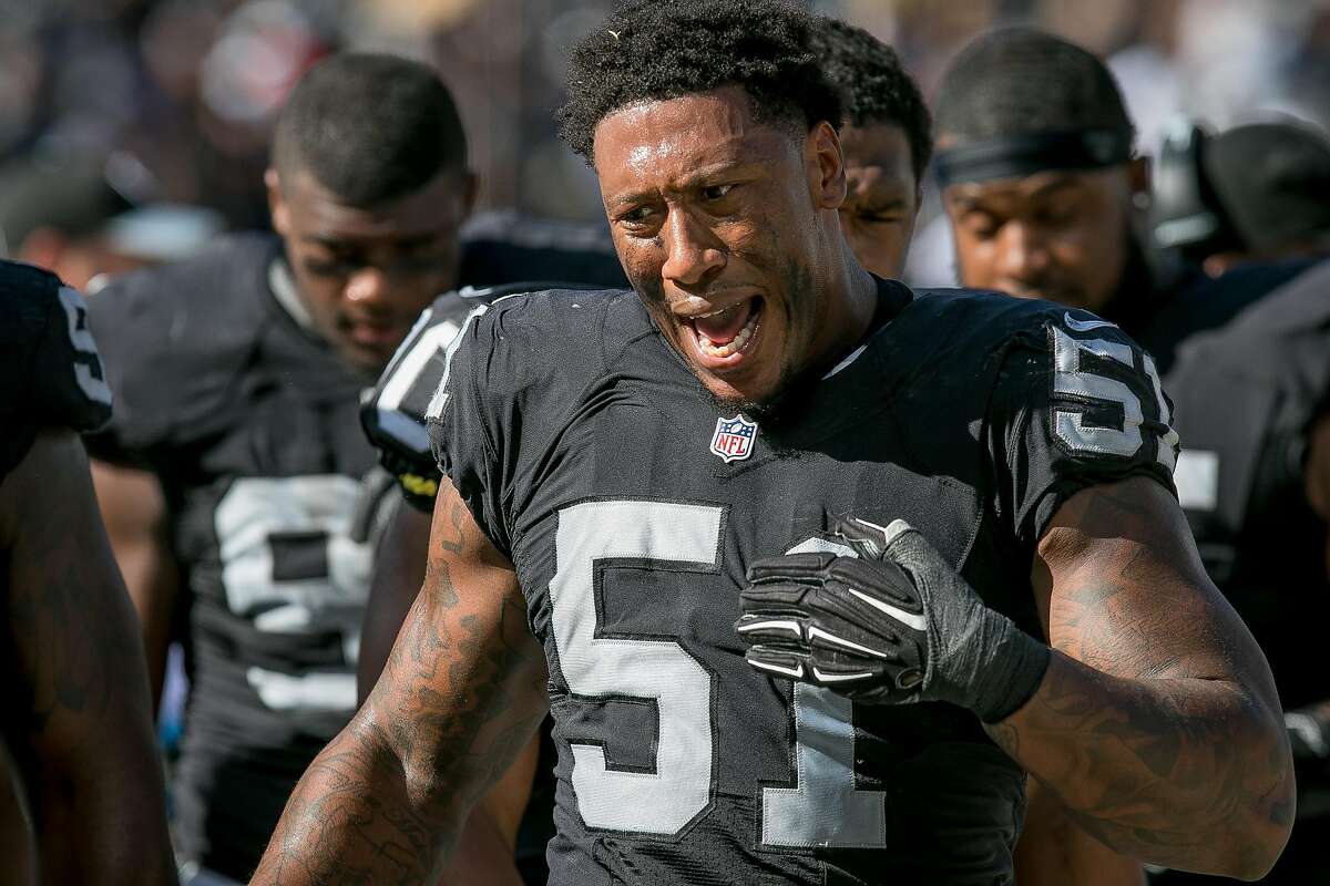 Bruce Irvin #51 of the Oakland Raiders upset after the Falcons scored at the Oakland-Alameda Coliseum in Oakland, Calif. on September 18th, 2016.