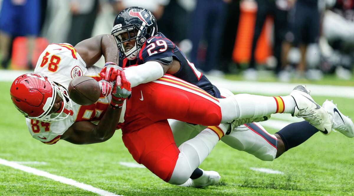 Houston Texans free safety Andre Hal (29) breaks up a pass intended for Kansas City Chiefs tight end Demetrius Harris (84) during the second quarter of an NFL football game at NRG Stadium on Sunday, Sept. 18, 2016, in Houston. ( Brett Coomer / Houston Chronicle )