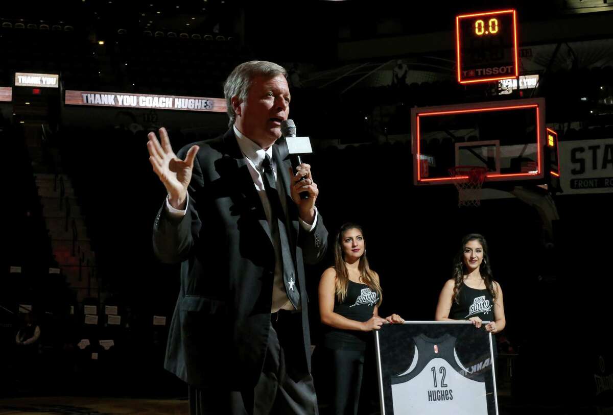 San Antonio Stars head coach Dan Hughes speaks during his retirement ceremony held after the game with the Phoenix Mercury Sunday Sept. 18, 2016 at the AT&T Center.