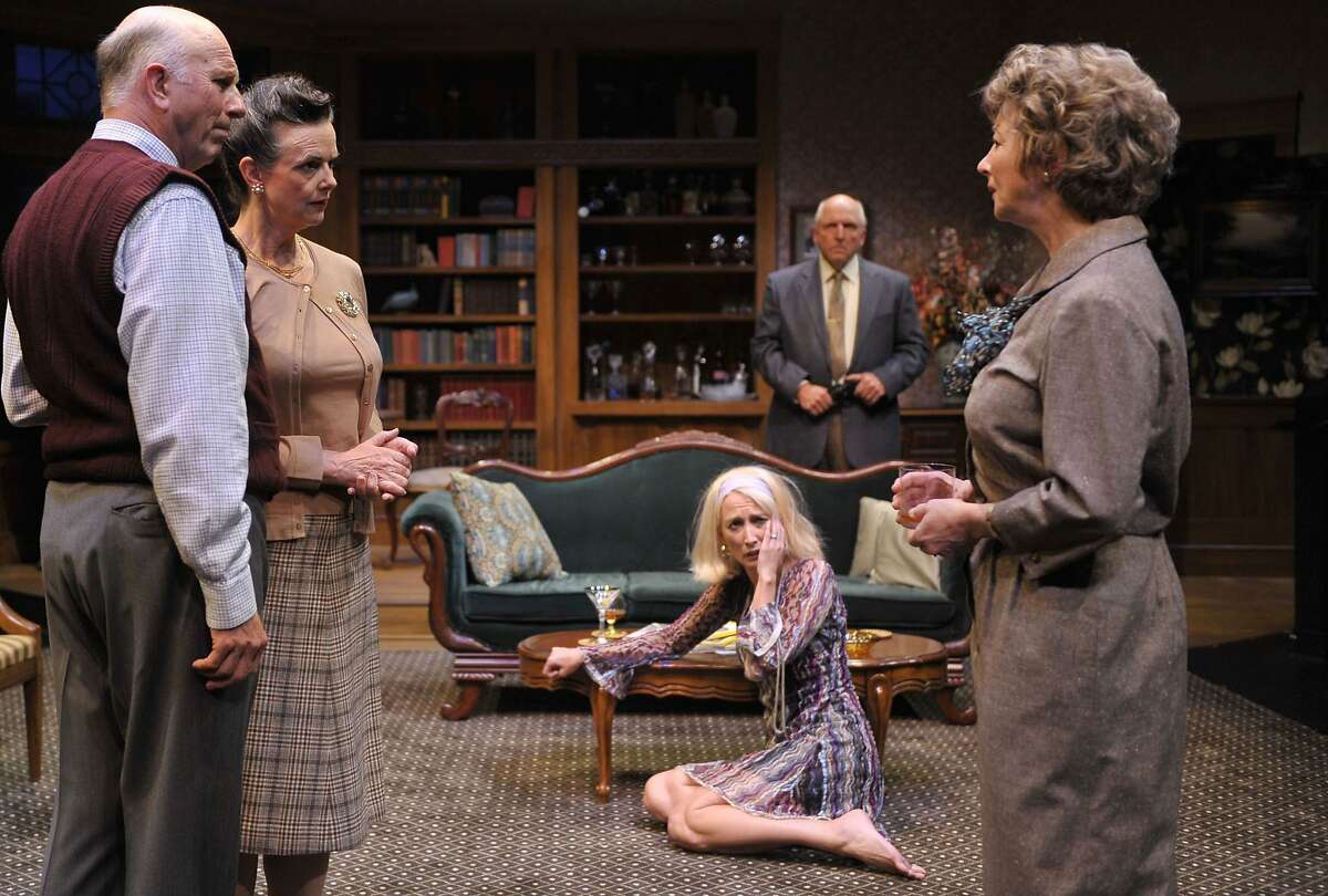 Agnes (Kimberly King, right) tries to keep the peace between friends Harry and Edna (Charles Dean and Anne Darragh, left) her daughter Julia (Carrie Paff) and husband Tobias (Ken Grantham) in Edward Albee's "A Delicate Balance" at Aurora Theatre