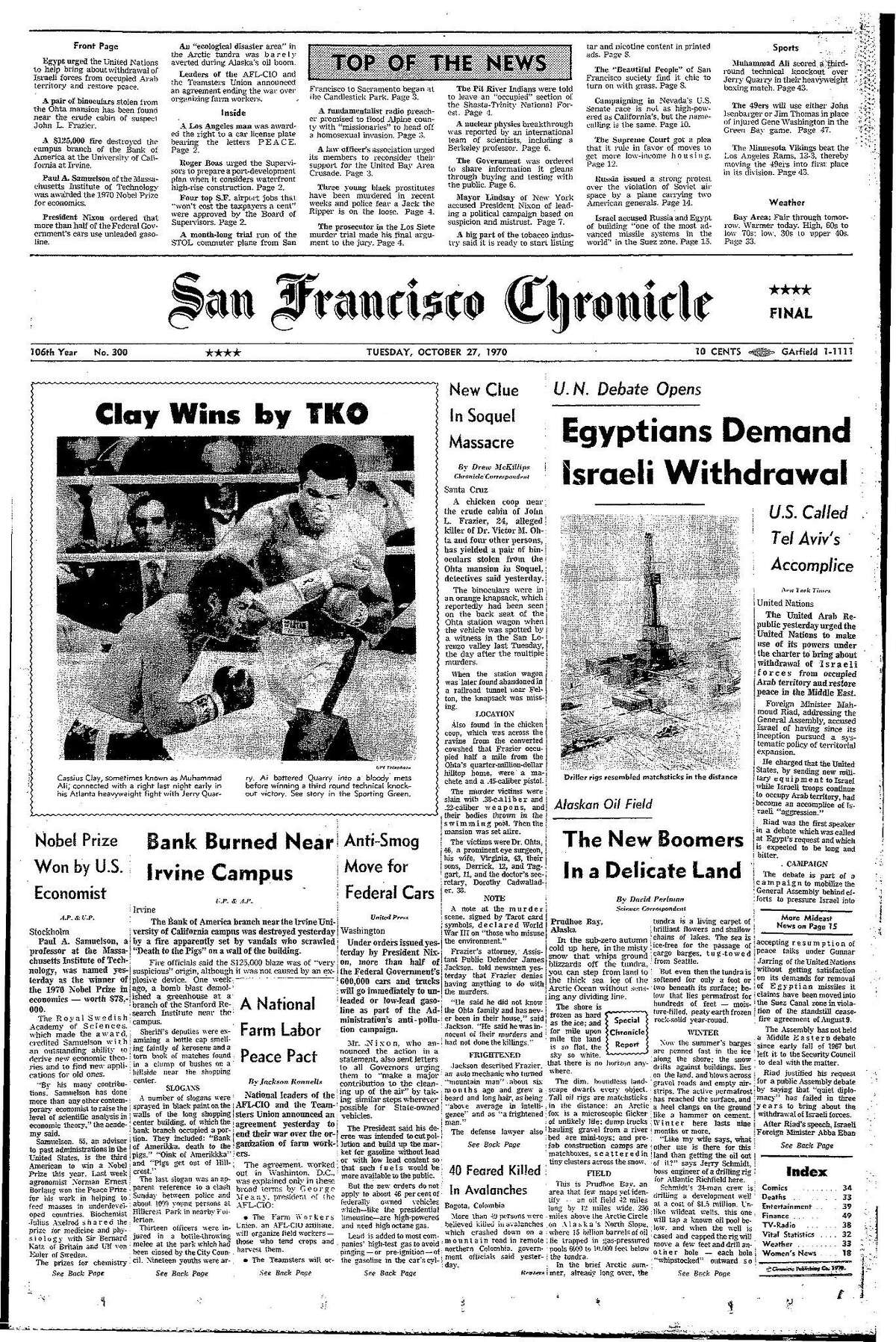 Historic Chronicle Front Page October 27, 1970 front page Cassius Clay, who would change his name to Muhhamad Ali, beat Jerry Quarry in first fight after serving time in prison for refusing to be drafted for military service Chron365, Chroncover