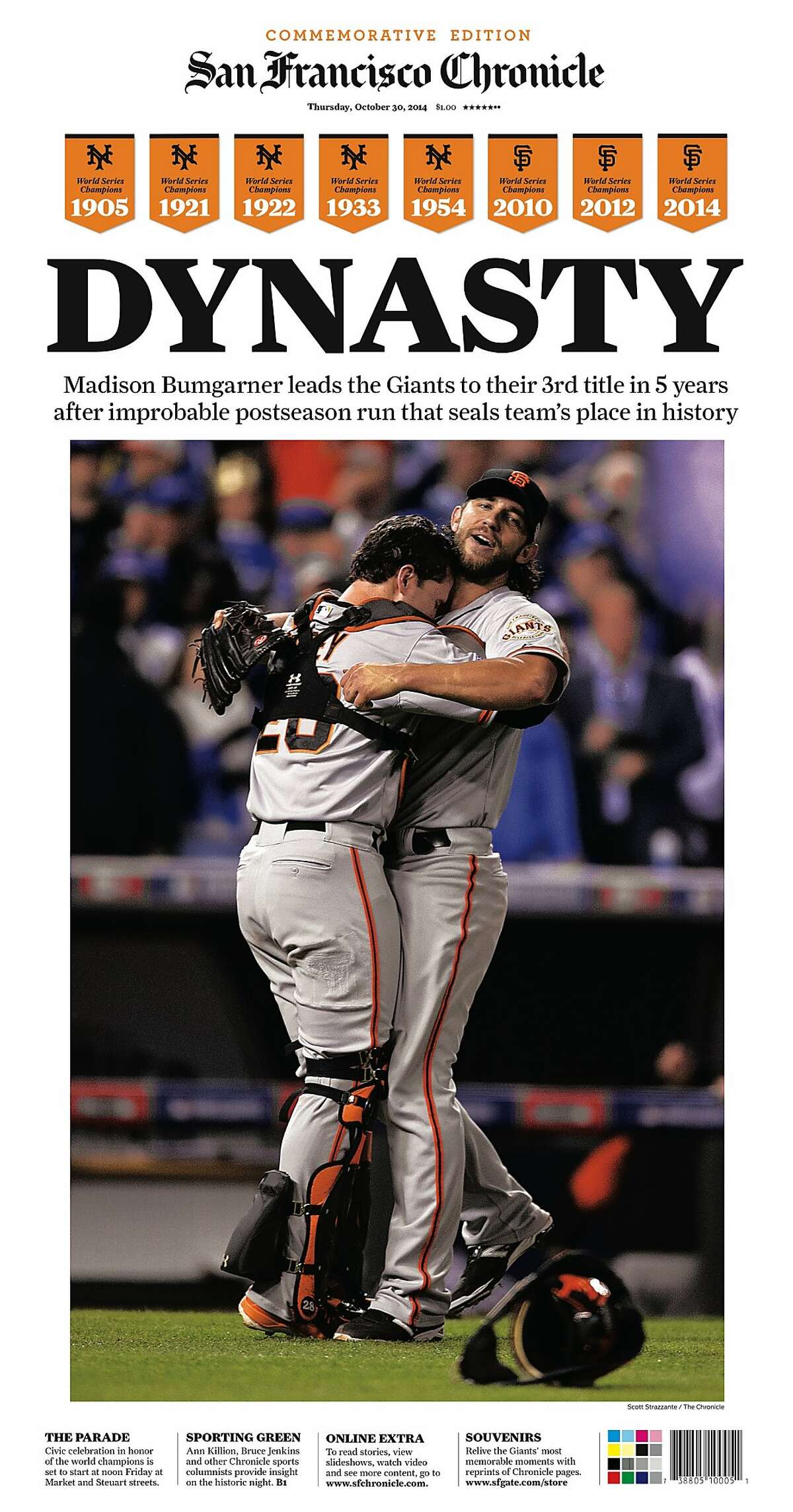 Historic Chronicle Front Page October 30, 2014 San Francisco Giants win their third World Series in 5 years, beating the Kansas City Royals Chron365, Chroncover