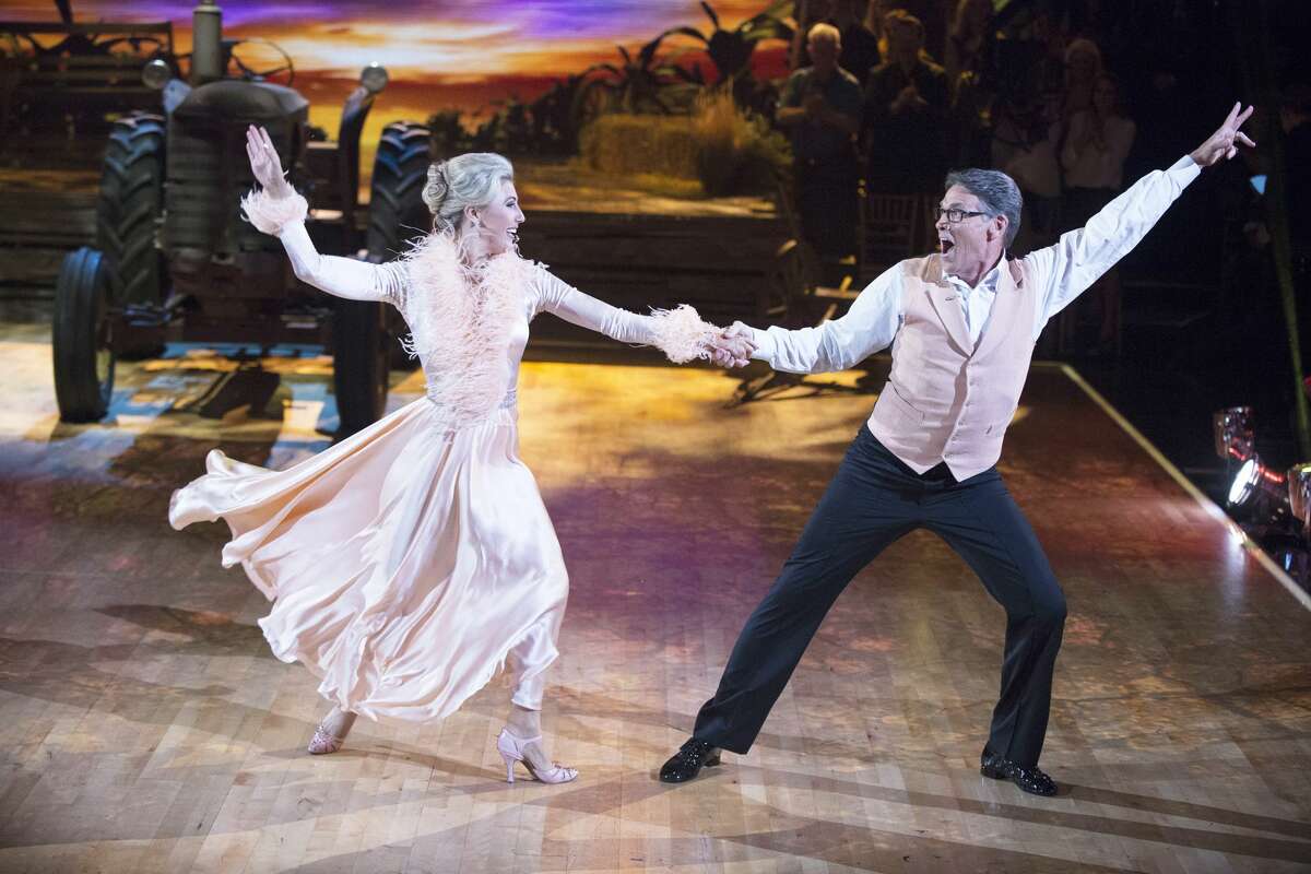 Former Texas Gov. Rick Perry made like Eddie Albert and his partner Emma Slater mimicked Eva Gabor in a quickstep to the theme from 'Green Acres' on TV night of 'Dancing with the Stars.' MONDAY, SEPTEMBER 19 on the ABC Television Network. (ABC/Eric McCandless)