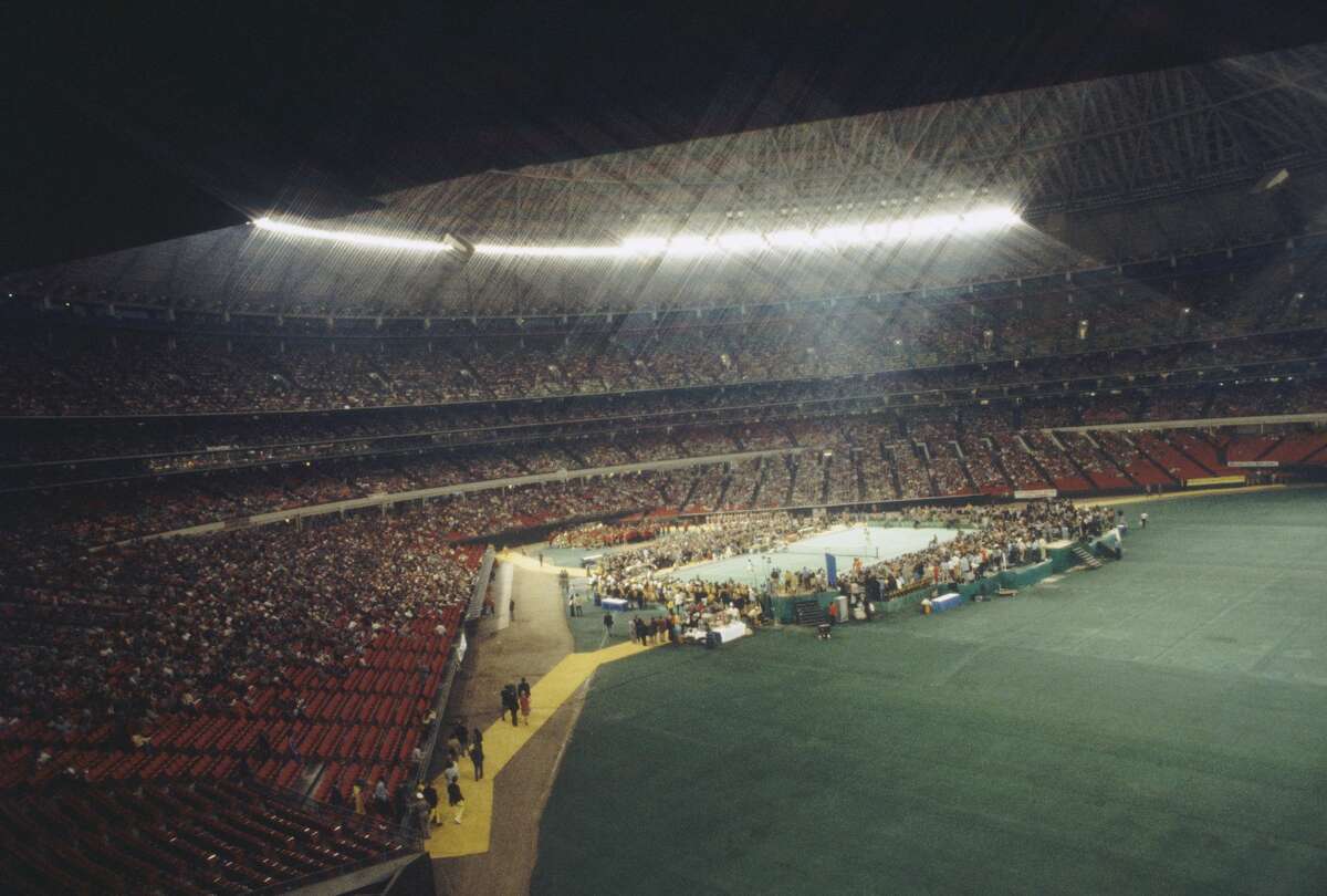 Billie Jean King in a match against Bobby Riggs in front of 30,472 spectators at the Houston Astrodome on September 20, 1973 in Houston, Texas. King defeated Riggs in three straight sets 6-4, 6-3, and 6-3, winning the match which came to be known as "The Battle Of The Sexes". (Focus on Sport/Getty Images)