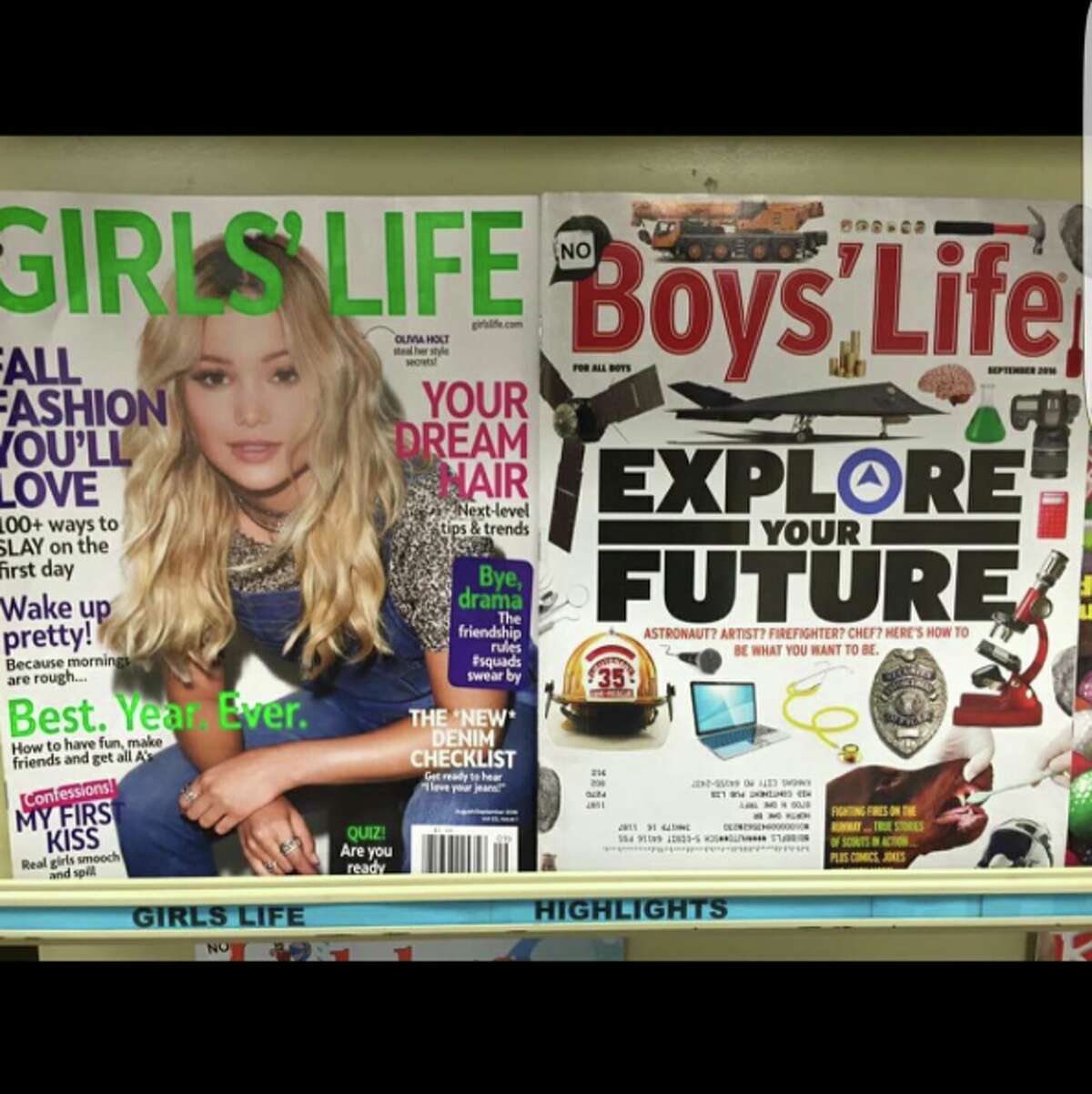 Comedian Amy Schumer posted this viral comparison photo of 'Girls' Life' magazine and 'Boys' Life' magazine to her Instagram account on September 20, 2016. She captioned the photo, "No." (www.instagram.com/amyschumer/)