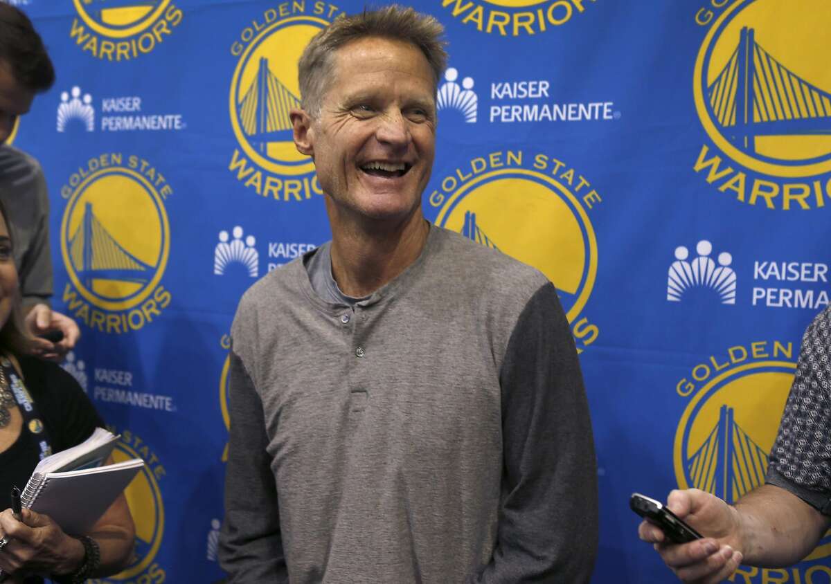 Golden State Warriors head coach Steve Kerr meets with sports reporters to talk about the upcoming NBA season at the team's practice facility in Oakland, Calif. on Wednesday, Sept. 21, 2016.
