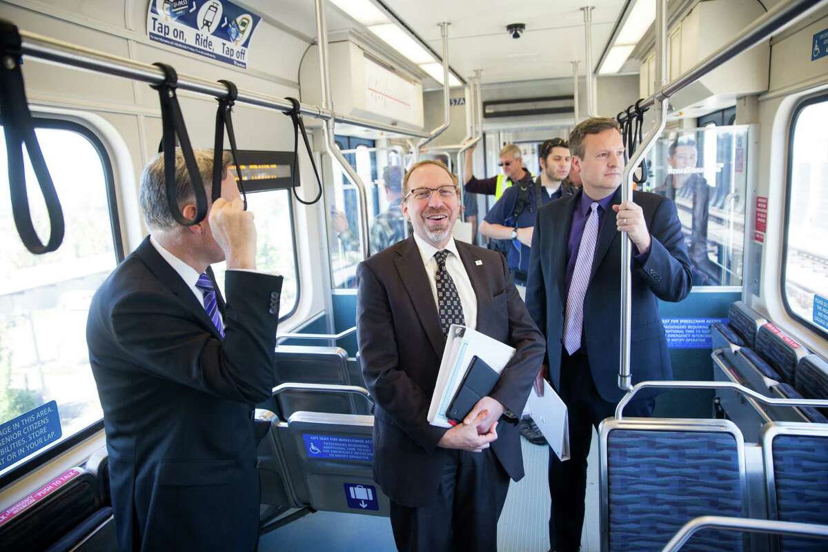 King County Executive Dow Constantine, Chief Executive Officer of Sound Transit, Peter Rogoff, and King county council and sound transit board member, Dave Upthegrovetalk ride with the press to the new Angle Lake Station in SeaTac.  All are promoting Sound Transit 3, which would add 62 miles of light trail.  Voters will decide its fate next Tuesday.  "There is no Plan B," Rogoff told a recent news conference. .