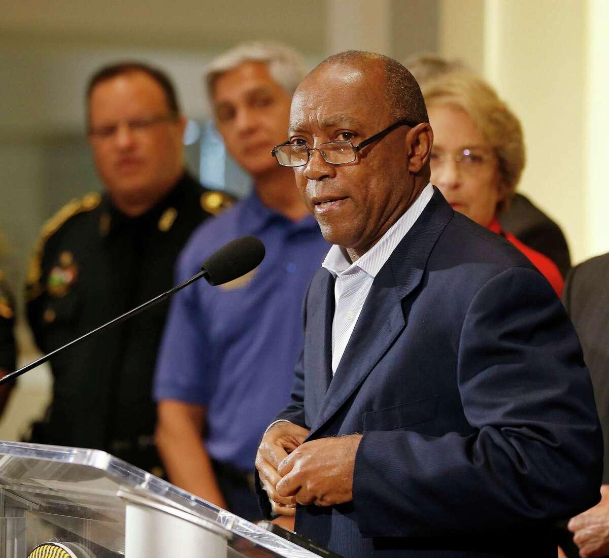 Mayor Sylvester Turner addresses the media with acting Houston Police Chief Martha Montalvo at City Hall, Friday, July 8, 2016, in Houston. 