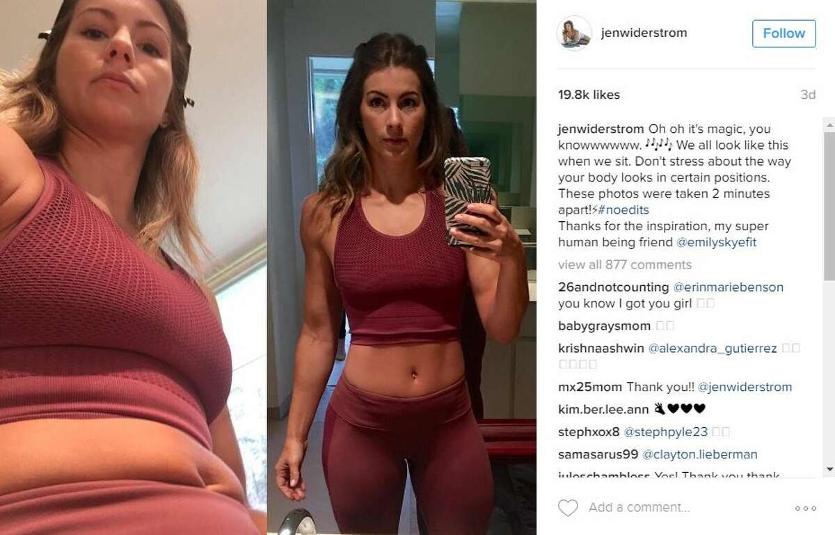 In a recent Instagram post, fitness trainer Jen Widerstrom shared a side-by-side snap of her sitting down and standing up in a cut-off workout top to share body positivity.