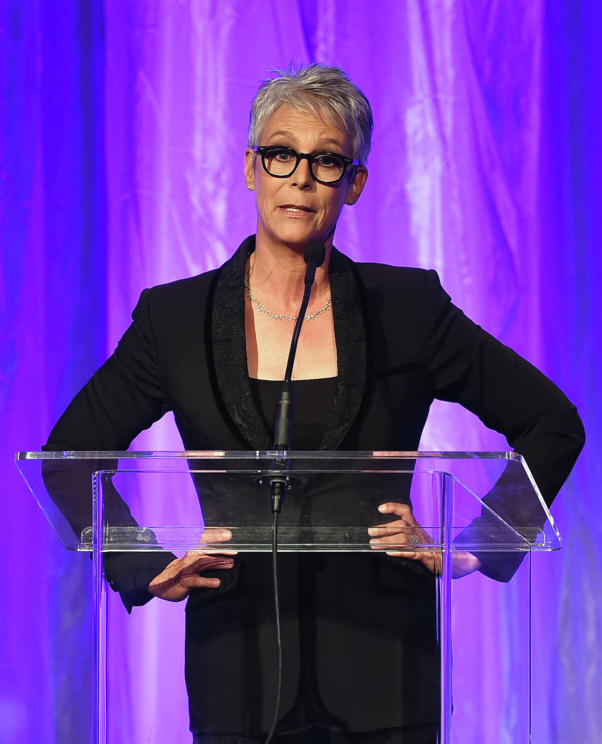 BEVERLY HILLS, CA - AUGUST 04: Host Jamie Lee Curtis speaks onstage at the Hollywood Foreign Press Association's Grants Banquet at the Beverly Wilshire Four Seasons Hotel on August 4, 2016 in Beverly Hills, California. (Photo by Kevin Winter/Getty Images)