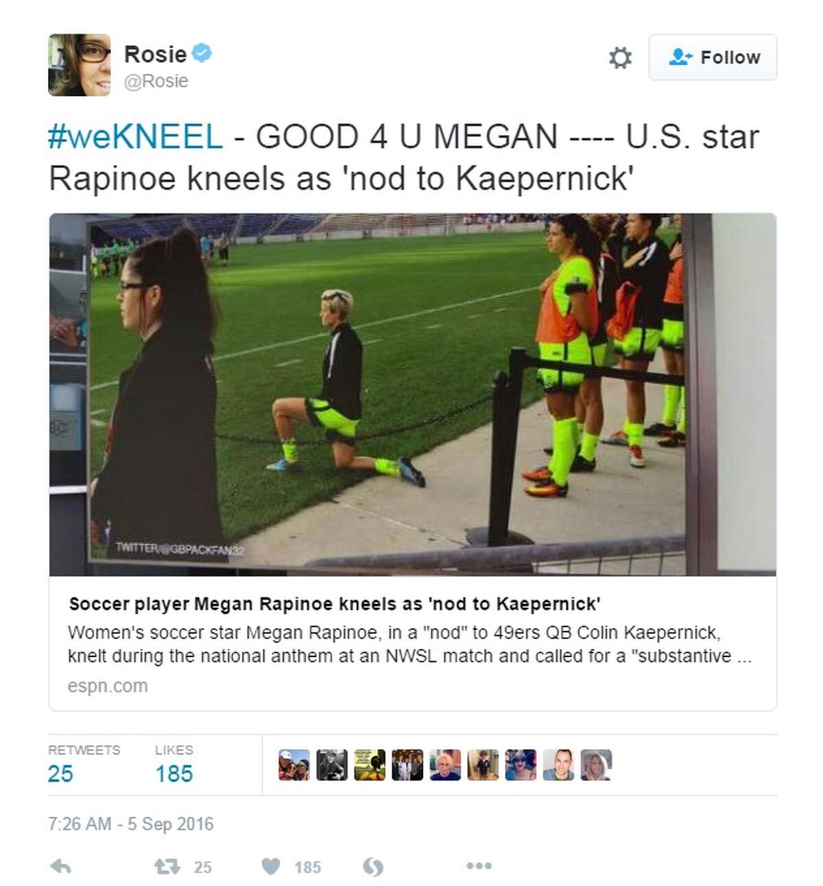 Rosie O'Donnell : "#weKNEEL - GOOD 4 U MEGAN ---- U.S. star Rapinoe kneels as 'nod to Kaepernick'"