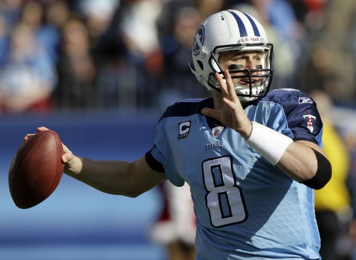 FILE - In this file photo, Titans quarterback Matt Hasselbeck passes against the Jaguars in a game in Nashville, Tenn. The Titans lost out on the Peyton Manning sweepstakes Monday. 