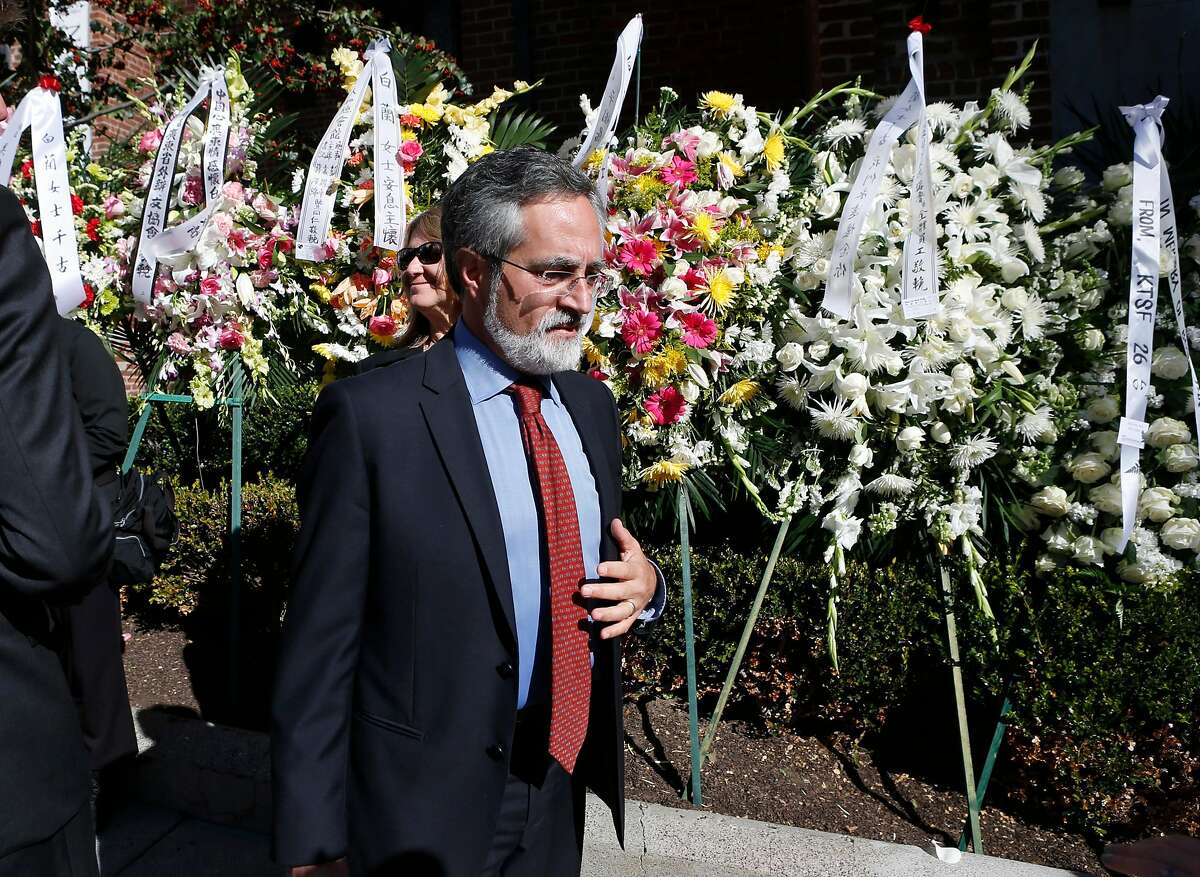 Supervisor Aaron Peskin arrives for the funeral service for Chinatown community leader Rose Pak at Old Saint Mary's Cathedral in San Francisco, Calif. on Saturday, Sept. 24, 2016.