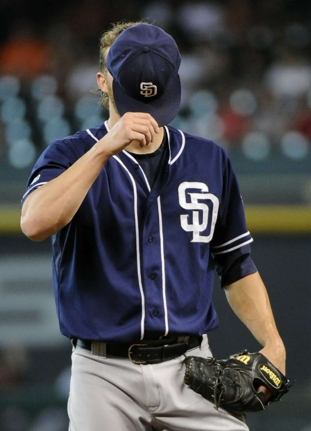 San Diego Padres pitcher Andrew Cashner, a Conroe High School graduate, pauses before throwing the first pitch of the bottom of the second inning against the Houston Astros on Thursday in Houston.