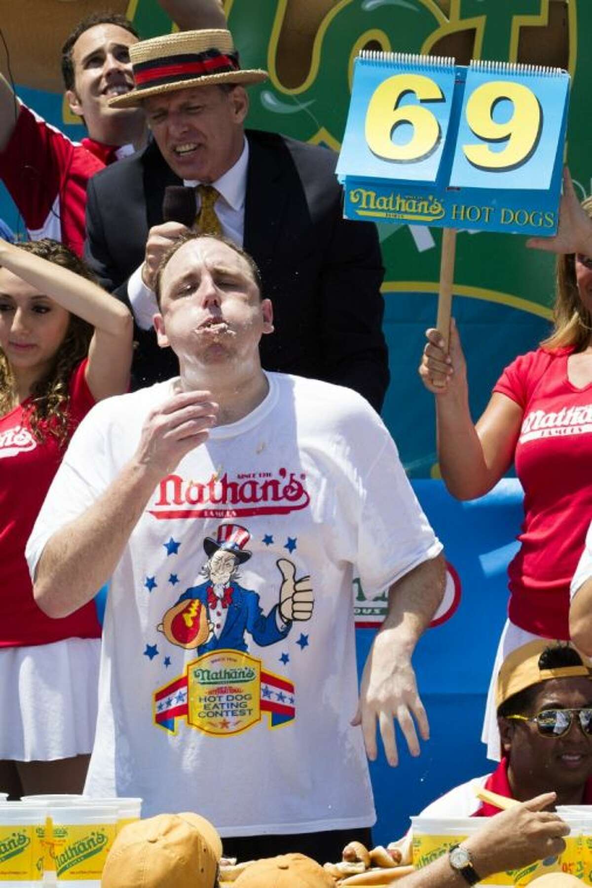 Joey Chestnut won his seventh Nathan’s Famous Fourth of July International Hot Dog Eating Contest on Thursday at Coney Island in the Brooklyn borough of New York.