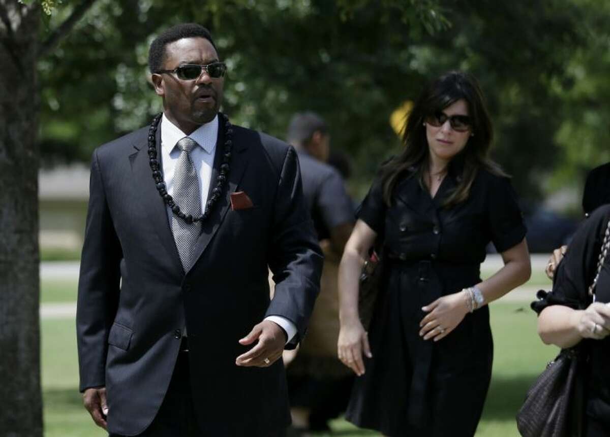 Texas A&M head football coach Kevin Sumlin and his wife Charlene leave the Church of Jesus Christ Of Latter Day Saints after a funeral service for Polo Manukainiu and his brother Andrew Uhatafe Saturday in Colleyville. The two were killed in a single-car accident in Northern New Mexico July 29. Also killed was 18-year-old Utah recruit Gaius “Keio” Vaenuku.