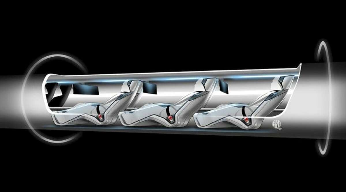 An image released by Tesla Motors, is a sketch of the Hyperloop capsule with passengers onboard. Billionaire entrepreneur Elon Musk on Monday, Aug. 12, 2013 unveiled a concept for a transport system he says would make the nearly 400-mile trip in half the time it takes an airplane. The "Hyperloop" system would use a large tube with capsules inside that would float on air, traveling at over 700 miles per hour.