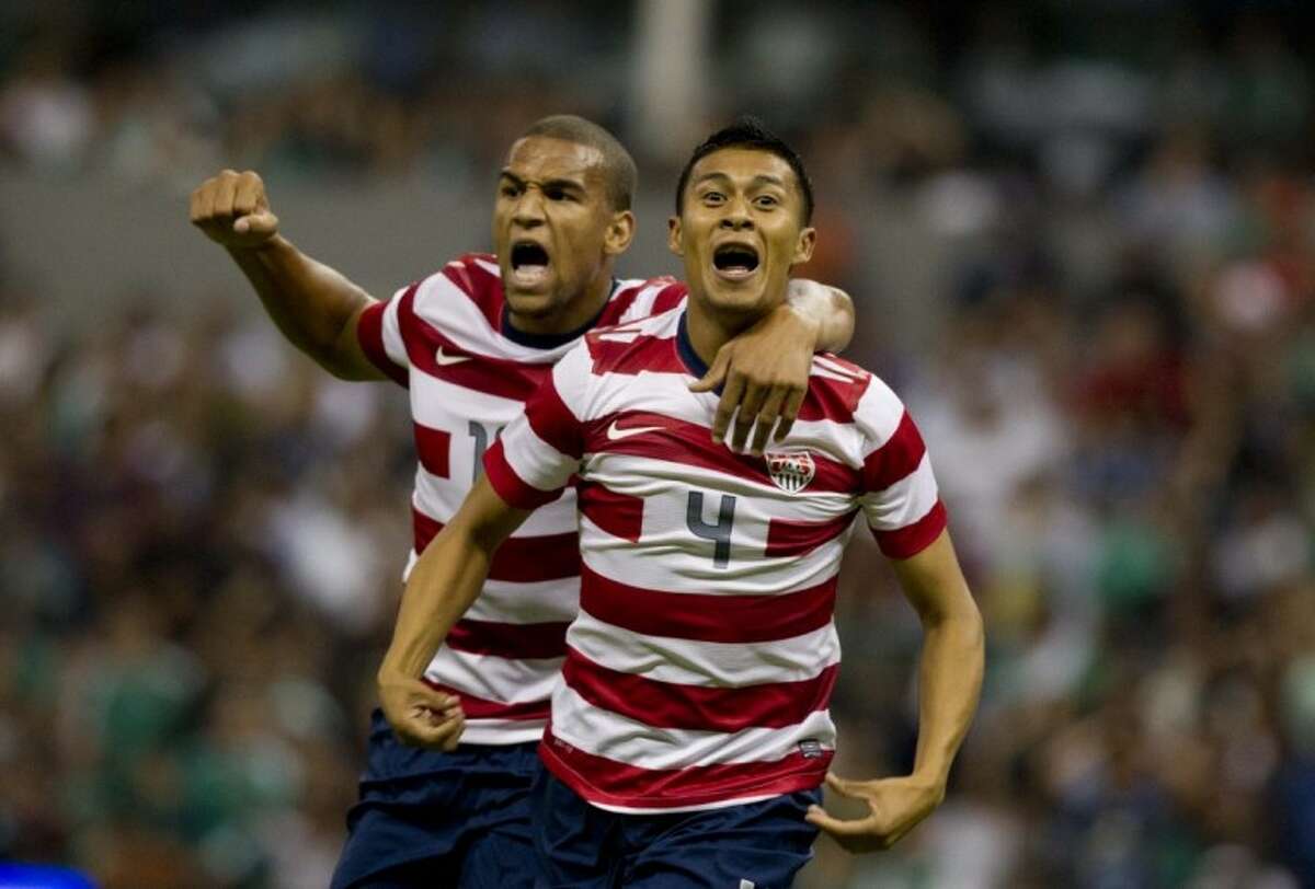 The Unites States’ Michael Orozco Fiscal, right, celebrates with teammate Terrence Boyd after scoring during a friendly against Mexico on Wednesday in Mexico City.