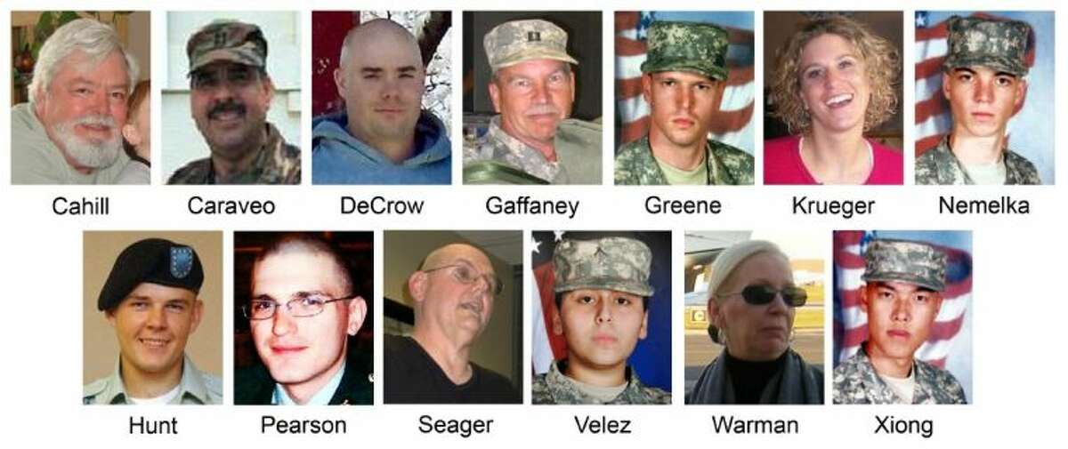 This file combination image made of handout photos shows the victims killed during the 2009 shooting rampage at Fort Hood. From top left are: Michael Grant Cahill, 62, of Cameron, Texas; Maj. Libardo Eduardo Caraveo, 52, of Woodbridge, Va.; Staff Sgt. Justin M. DeCrow, 32, of Evans, Ga.; Capt. John Gaffaney, 56, of San Diego, Calif.; Spc. Frederick Greene, 29, of Mountain City, Tenn.; Spc. Jason Dean Hunt, 22, of Frederick, Okla., Sgt. Amy Krueger, 29, of Kiel, Wis.; Pfc. Aaron Thomas Nemelka, 19, of West Jordan, Utah; Pfc. Michael Pearson, 22, of Bolingbrook, Ill.; Capt. Russell Seager, 51, of Racine, Wis.; Pvt. Francheska Velez, 21, of Chicago; Lt. Col. Juanita Warman, 55, of Havre de Grace, Md.; and Pfc. Kham Xiong, 23, of St. Paul, Minn. Maj. Nidal Hasan was convicted of murder Friday for the 2009 shooting rampage at Fort Hood that killed 13 people and wounded more than 30 others.