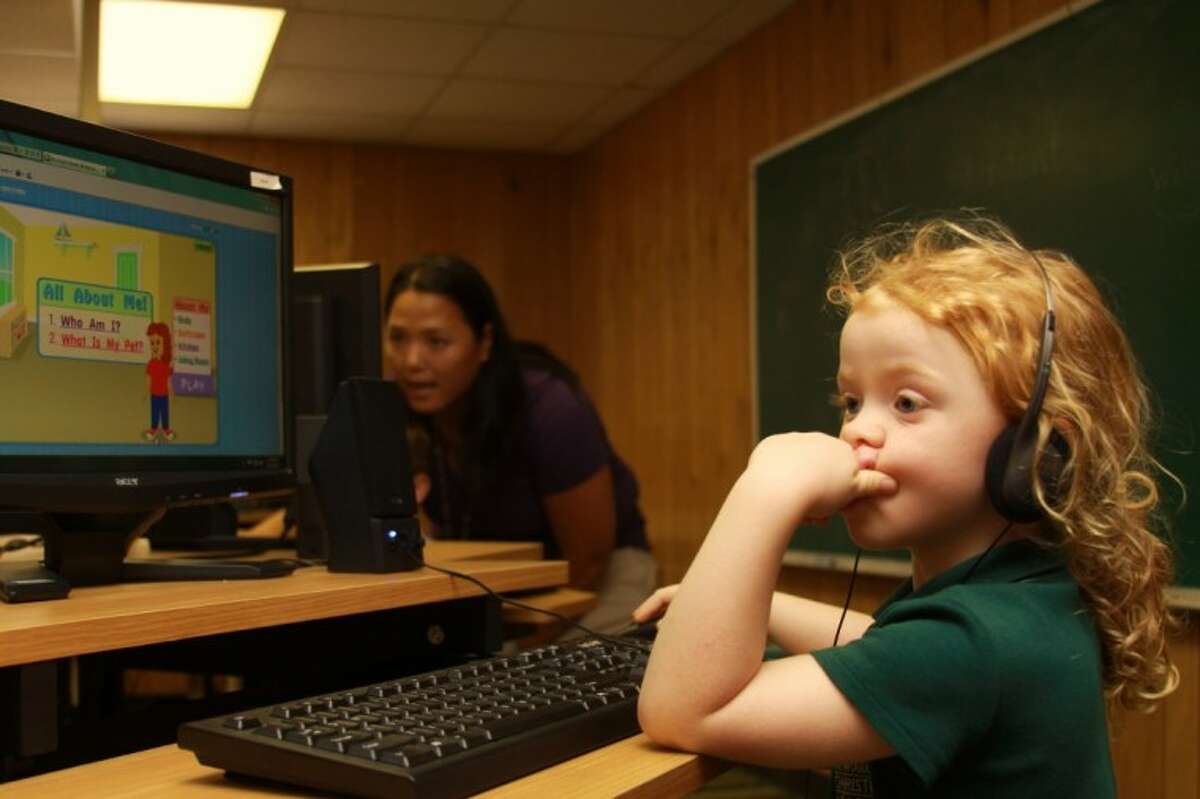 Students at the Woodlands Christian Academy Lower School completed interactive computer lessons during their second week at school, which began Aug. 15.
