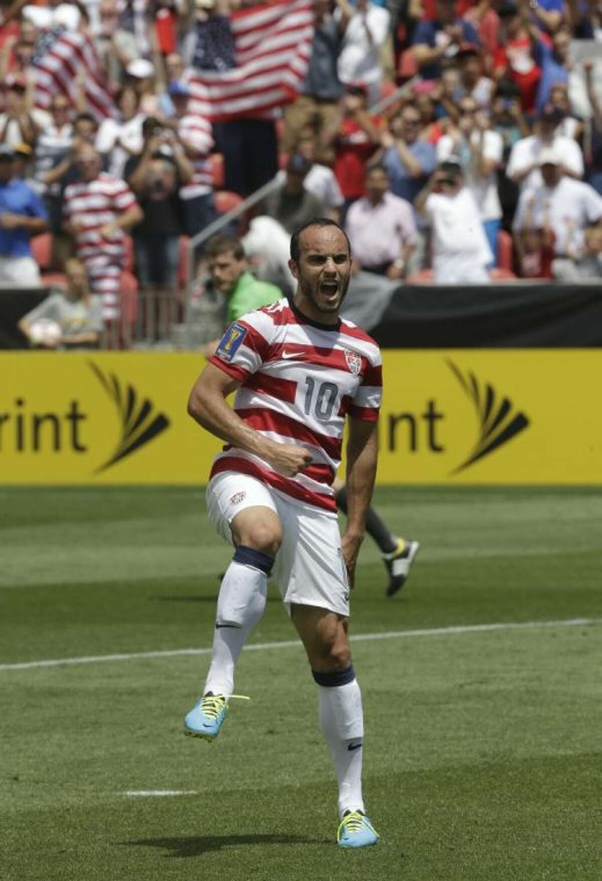 The United States’ Landon Donovan reacts after scoring on a penalty kick during the first half of a CONCACAF Gold Cup match against Cuba on July 13 in Sandy, Utah. The Americans won 4-1.