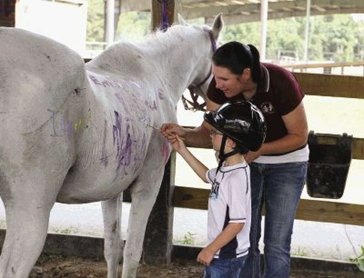 Ian Fleming gets some help painting a horse by coordinator Shannon Calltharp during a horse therapy session at the Conroe YMCA Thursday. Go to HCNPics.com to view and purchase this photo and others like it.