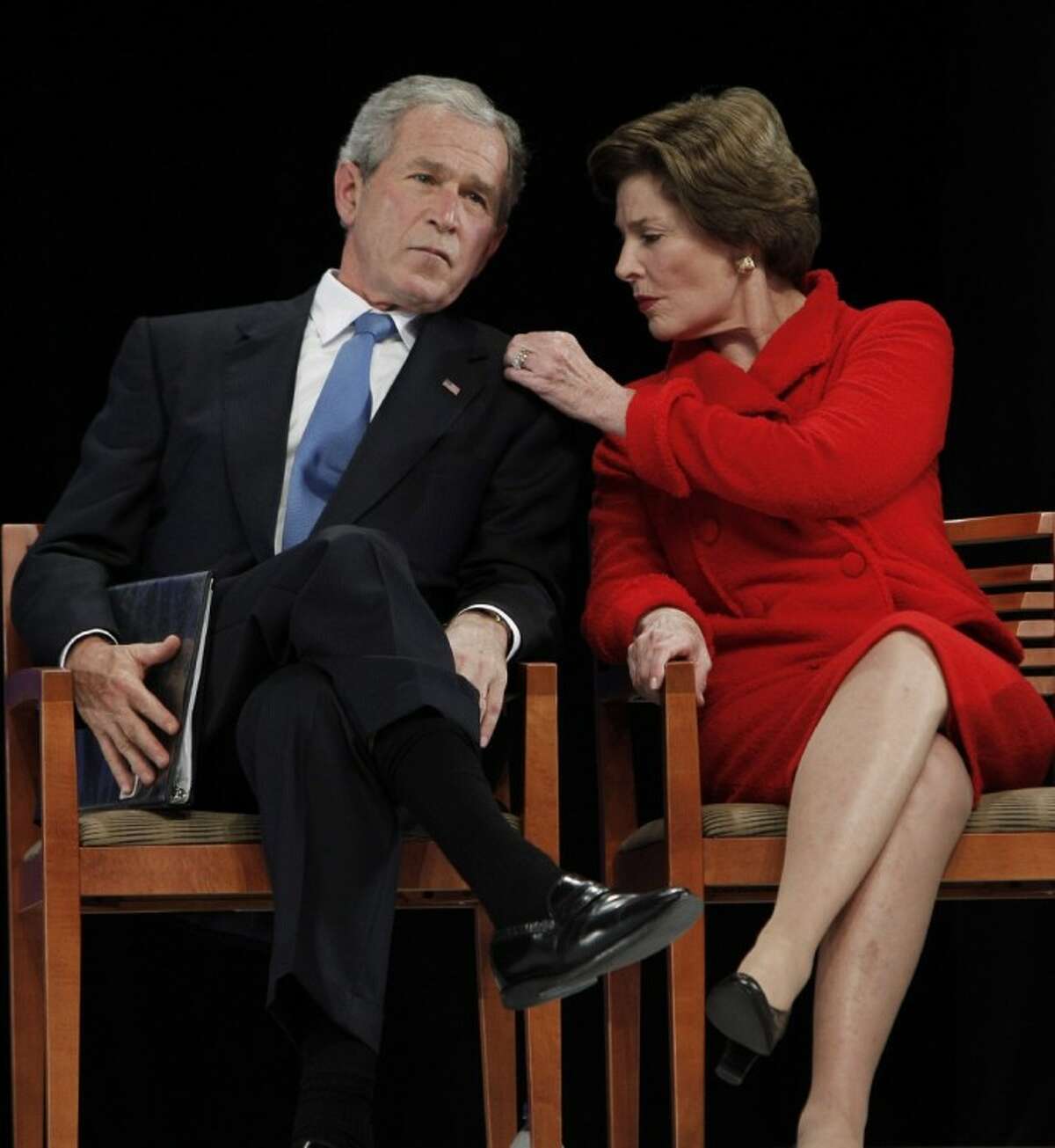 Laura Bush and former President George W. Bush attend the groundbreaking ceremony for the President George W. Bush Presidential Center at SMU in Dallas Tuesday.