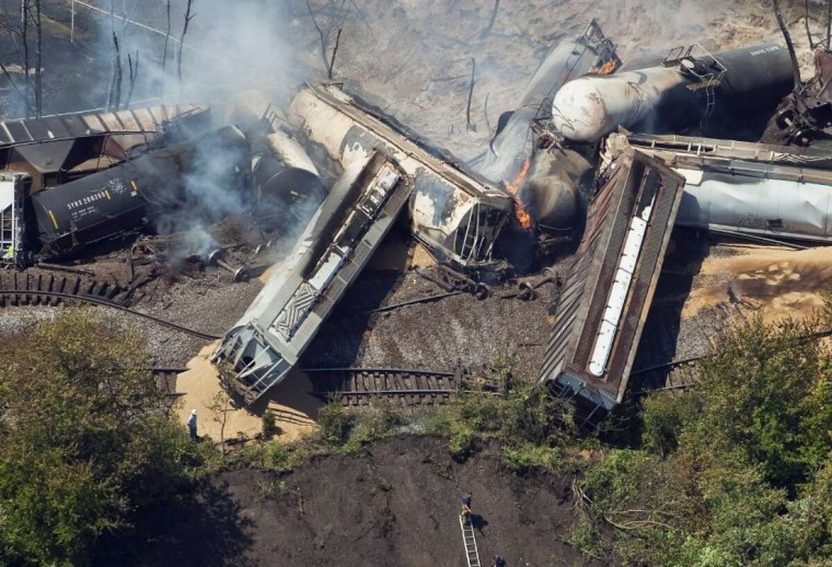 This July 11 aerial file photo shows a freight train after an early morning derailment in Columbus, Ohio.
