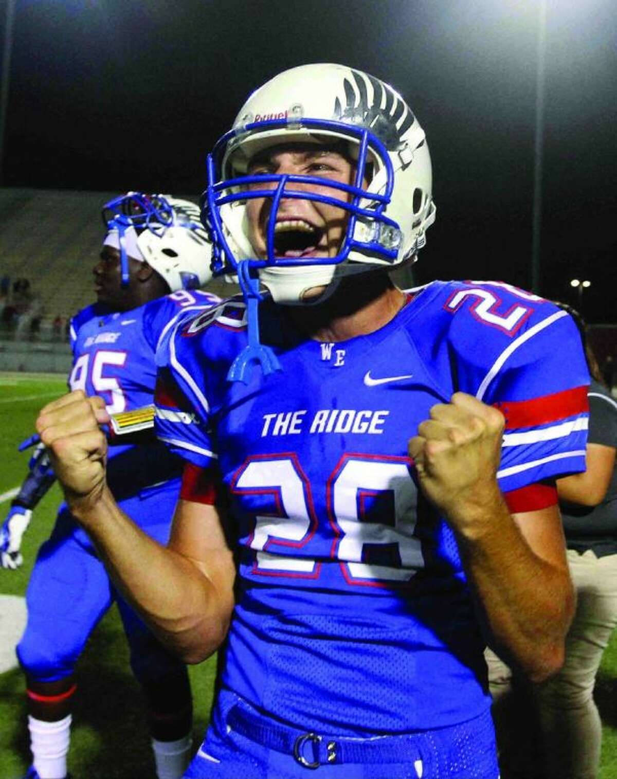Oak Ridge kicker Patrick Coale celebrates after his 43-yard field goal gave the War Eagles a 45-42 win in double overtime against Stratford Friday. Go to HCNPics.com to view and purchase this photo, and others like it.