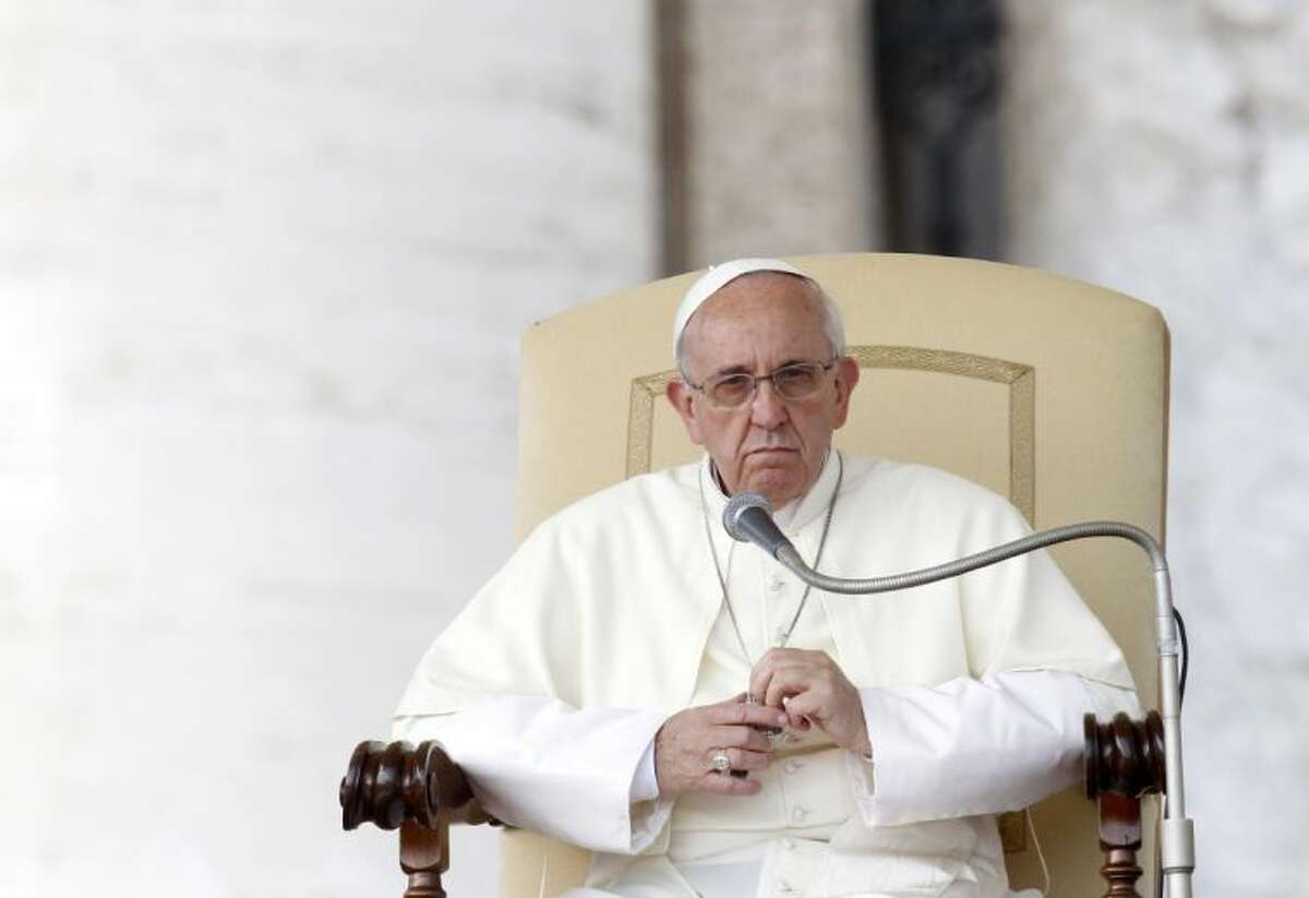Pope Francis looks on during his weekly general audience in St. Peter’s Square at the Vatican Wednesday.