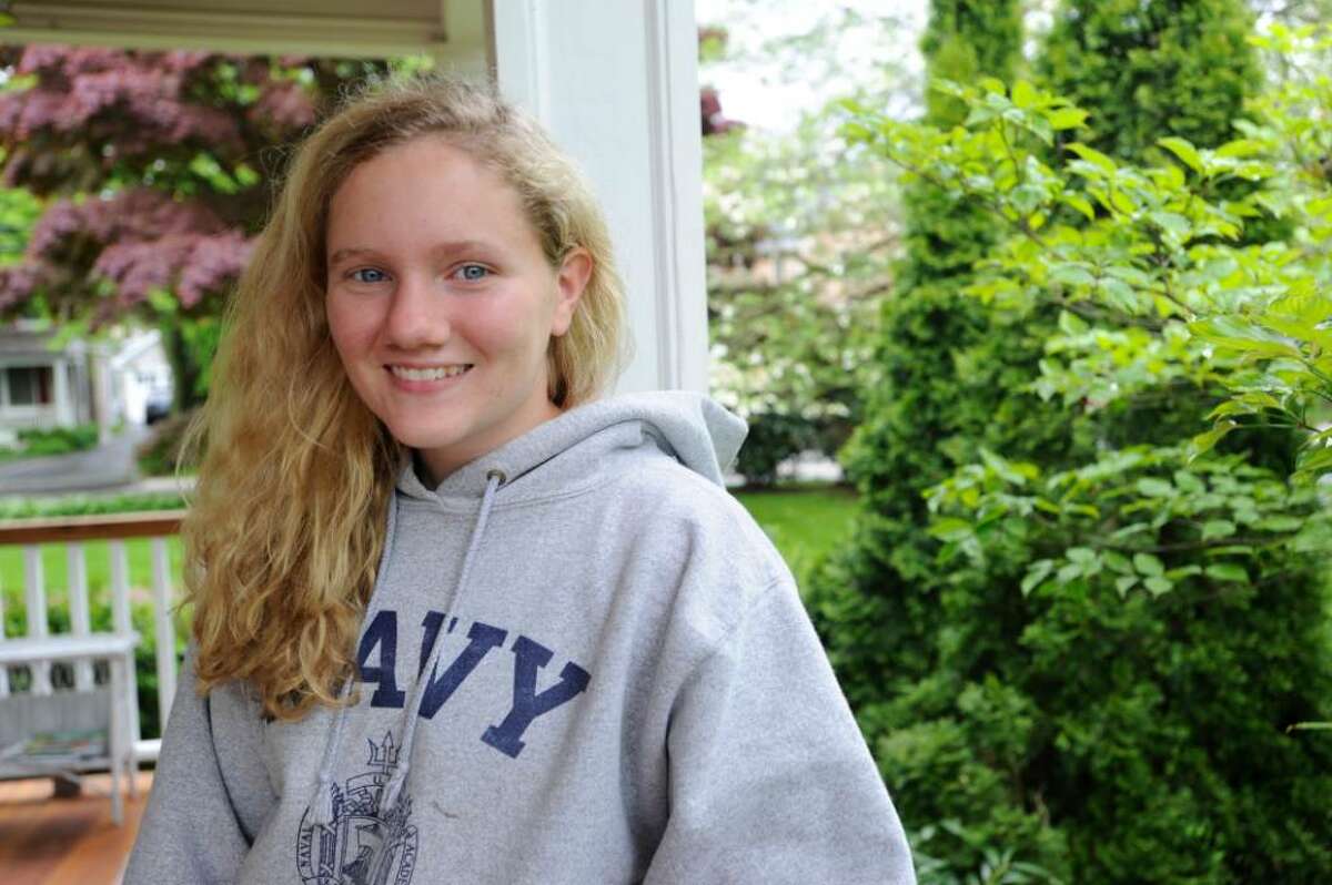 Kristina Byrne, a Greenwich High School senior, who will be attending the U.S. Naval Academy in July, stands on her porch in Old Greenwich on Monday, May 3, 2010.